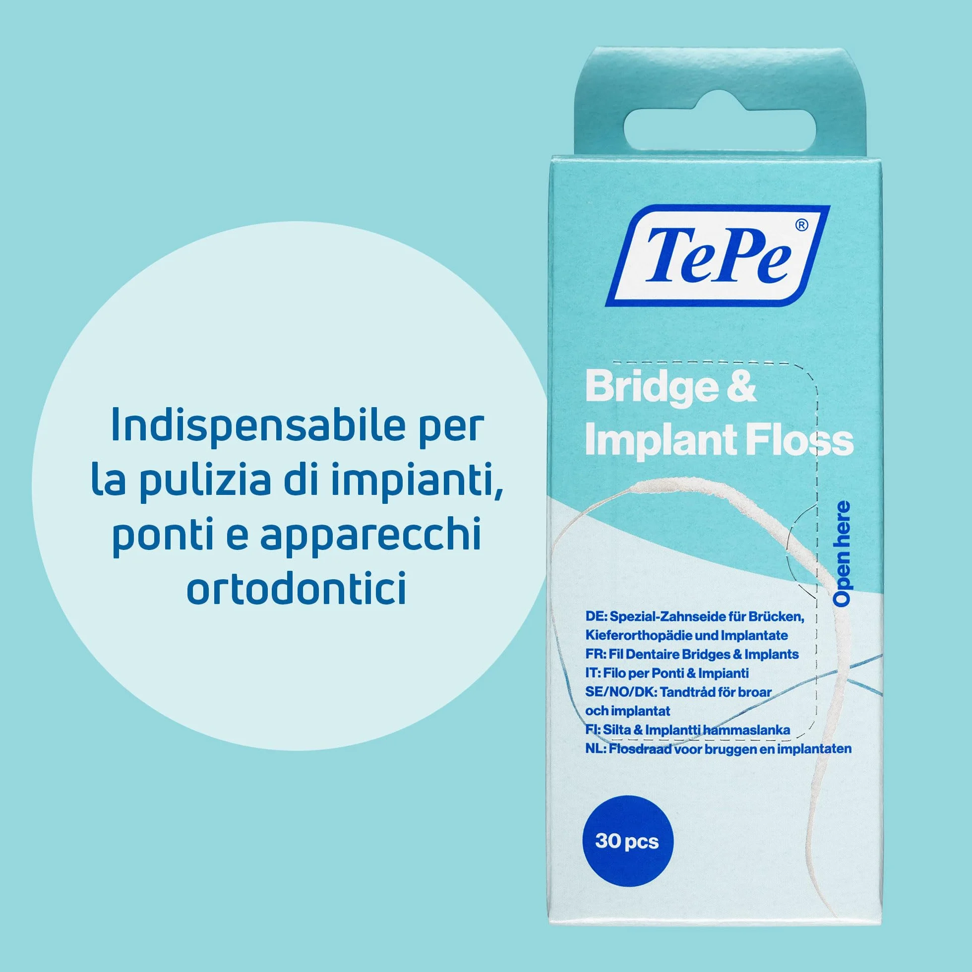 TePe Filo per Ponti e Impianti, filo interdentale PFAS-free 30 pezzi, largo per apparecchi ortodontici