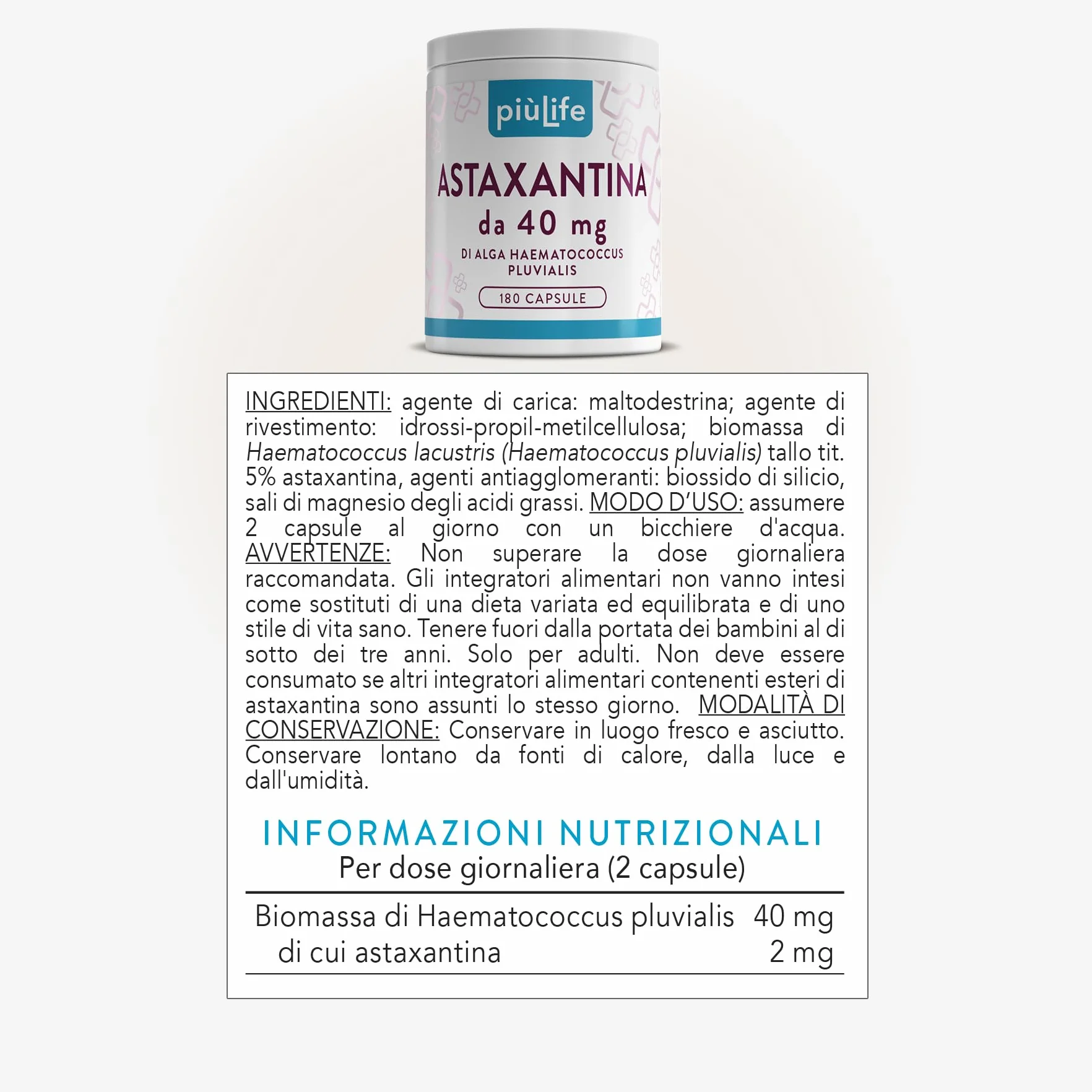 PiùLife Astaxantina Pura 40mg Da Alga Haematococcus Pluvialis Integratore Antiossidante Pelle Vista