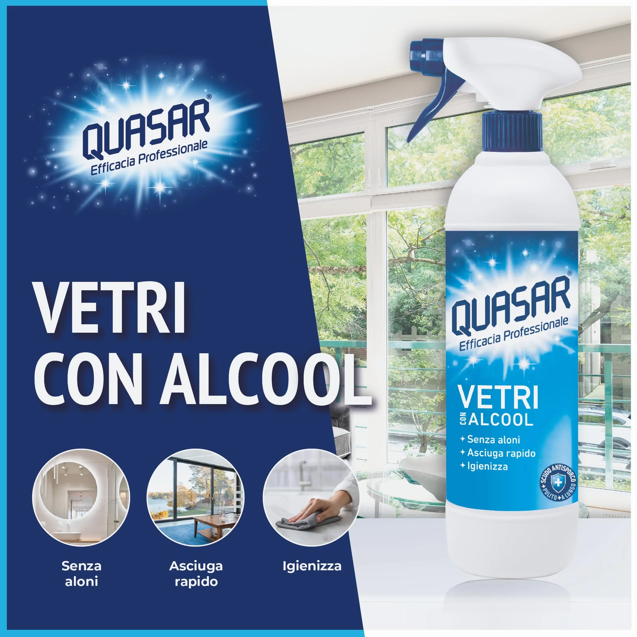 Quasar Ricarica Vetri con Alcool 680 ml - Senza Aloni, Asciuga Rapido, Igienizza