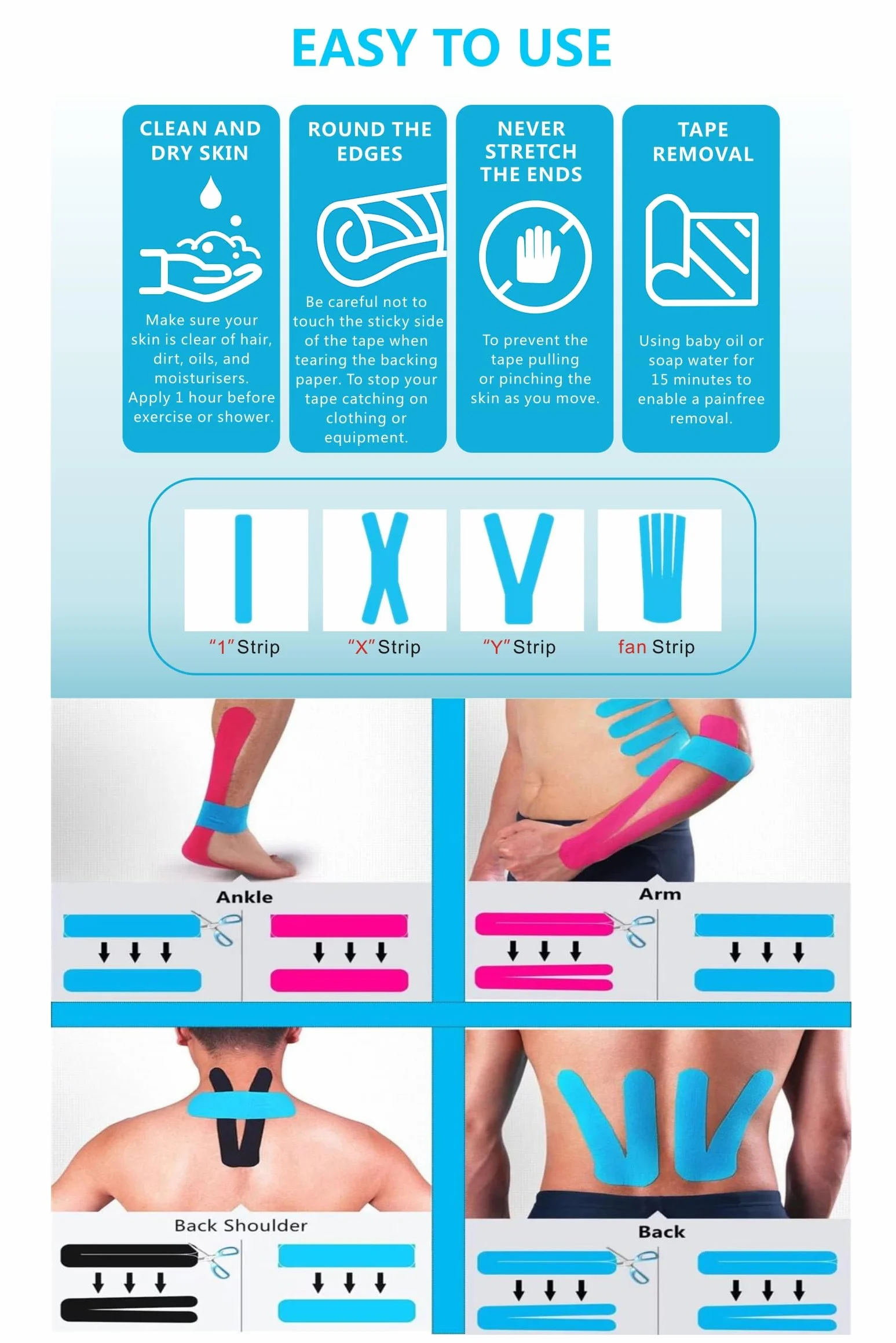 Kinesio Tape 3 Rotoli 5m x 5cm Impermeabile Elastico Nero+Blu+Rosa