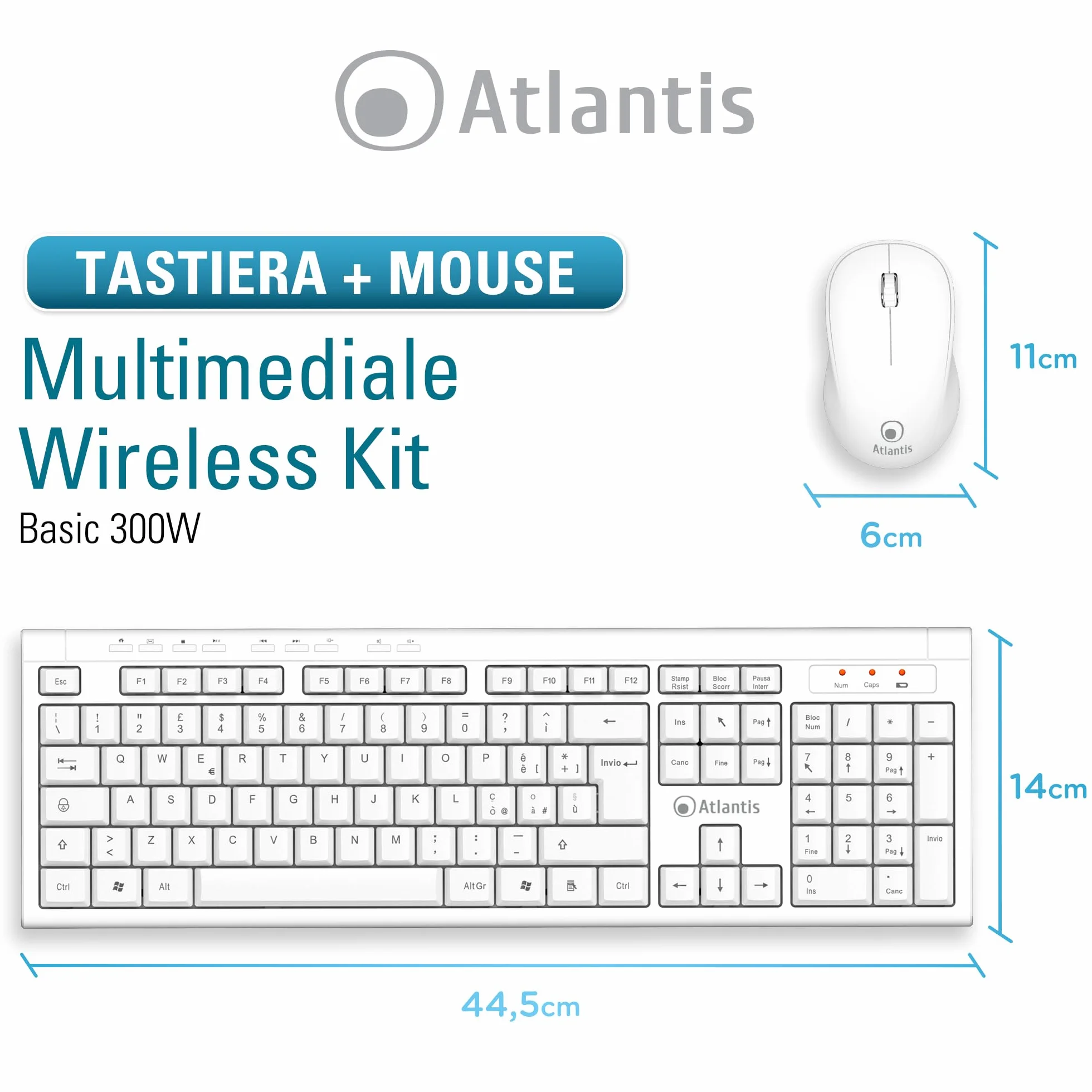 Atlantis Combo Kit Tastiera e Mouse Wireless senza fili, Multimediale, Layout Italiano QWERTY, 9 Tasti di scelta rapida, per PC/Laptop/Notebook, ricevitore USB unico, cod. P013-AX280G+M, Bianco.