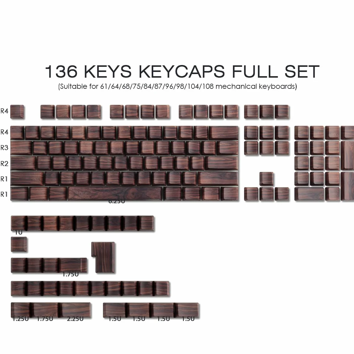 JakeTsai Copritasti con stampa laterale-PBT, Texture noce, Shine Through, Copritasti Double Shot 75 percento, dye-sub, Copritasti Cherry Profile per Gateron MX Switches Tastiera Meccanica