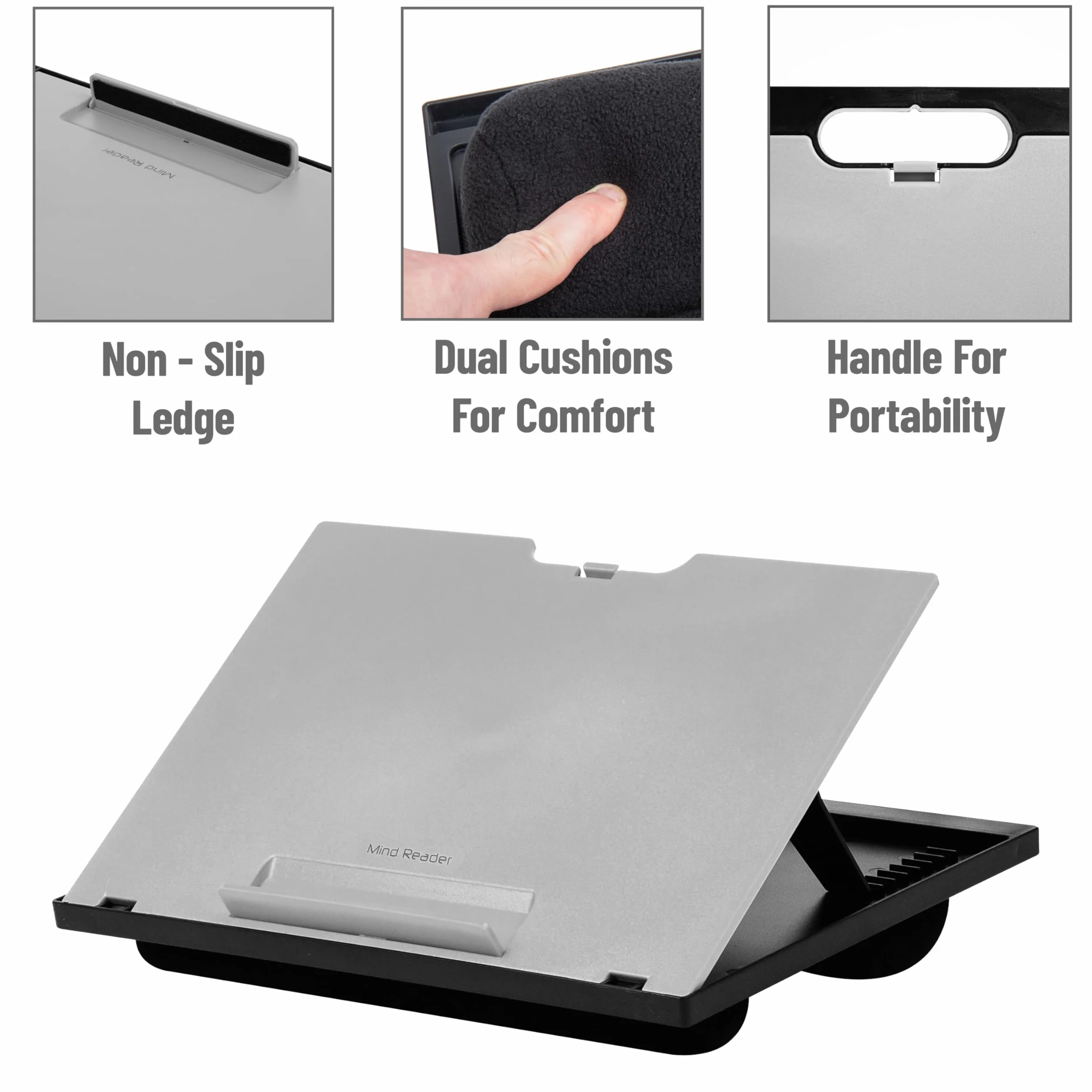 Mind Reader Anchor Collection, scrivania portatile regolabile a 8 posizioni con cuscini integrati, grigio