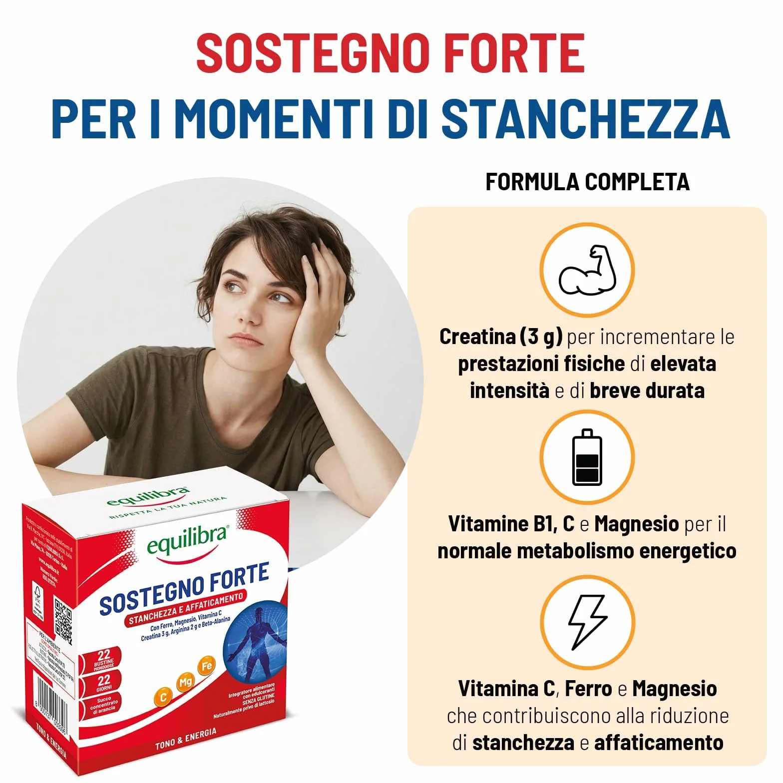 Equilibra Integratore Alimentare con Creatina, Arginina, Vitamine C, B1, 22 Bustine Monodose