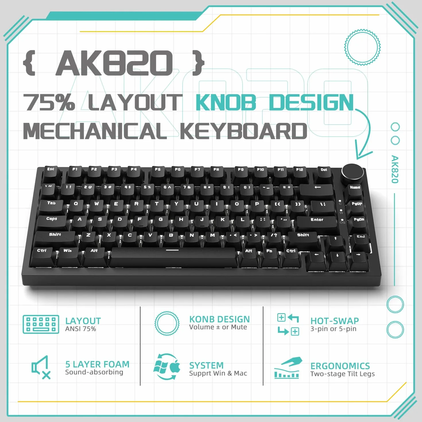 YINDIAO Ajazz AK820 Tastiera Meccanica con Manopola,Layout ANSI 75%,Tastiera da Gioco Cablata 81 Tasti, 5 Schiuma Fonoassorbente,Hot-swap,Interruttore Blu,Luce Bianca Ghiaccio,per PC,MAC (Nero)