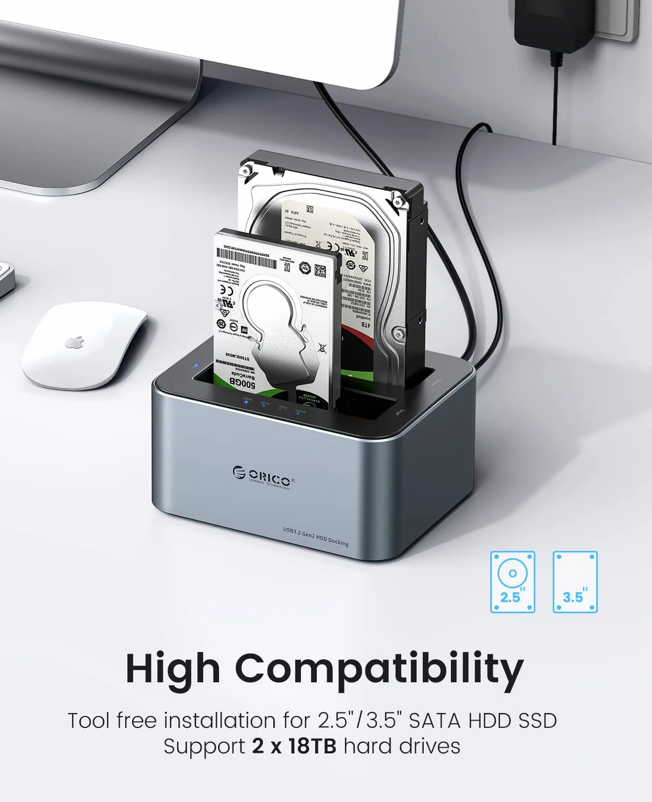 ORICO Docking Station Dual Bay USB 3.2 Gen 2 Clone Offline UASP 2.5/3.5 SSD/HDD Alluminio 18TB