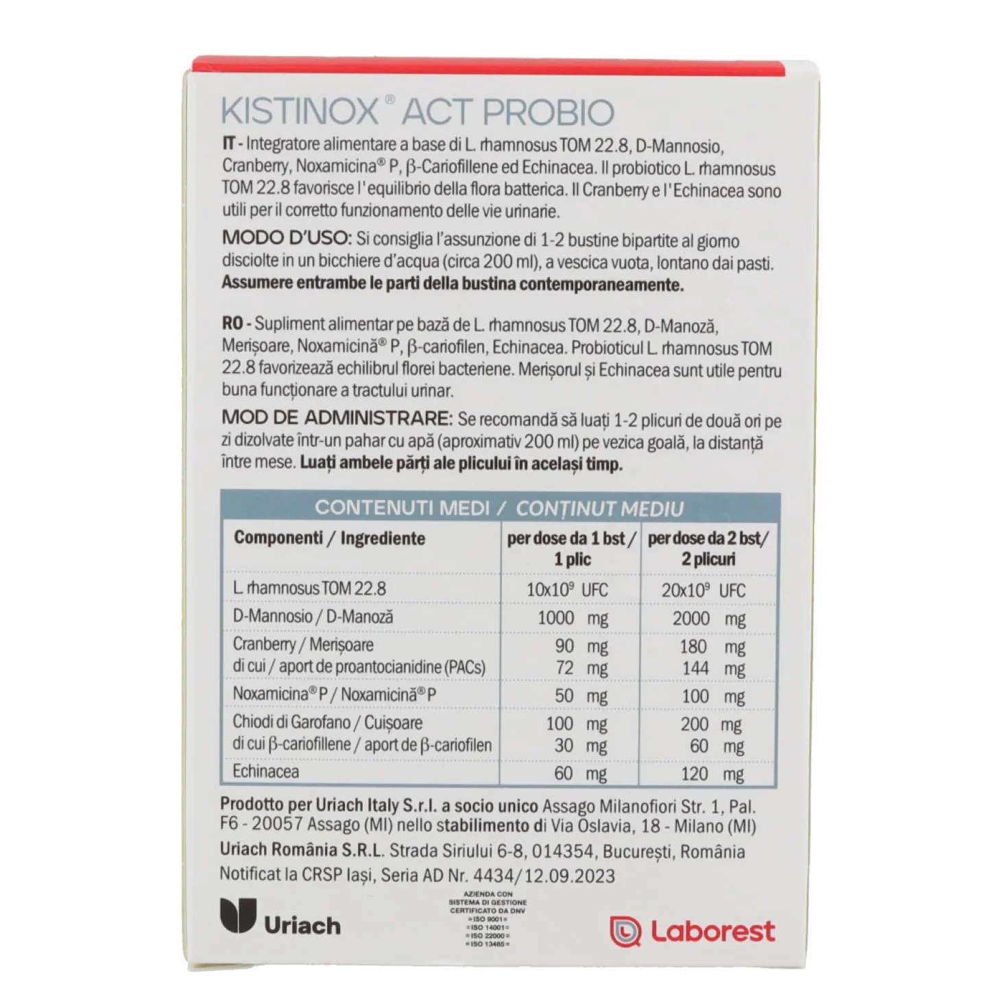 Kistinox act probio 10 bustine Integratore vie urinarie L. rhamnosus D-Mannosio Cranberry Noxamicina β-Cariofillene Echinacea