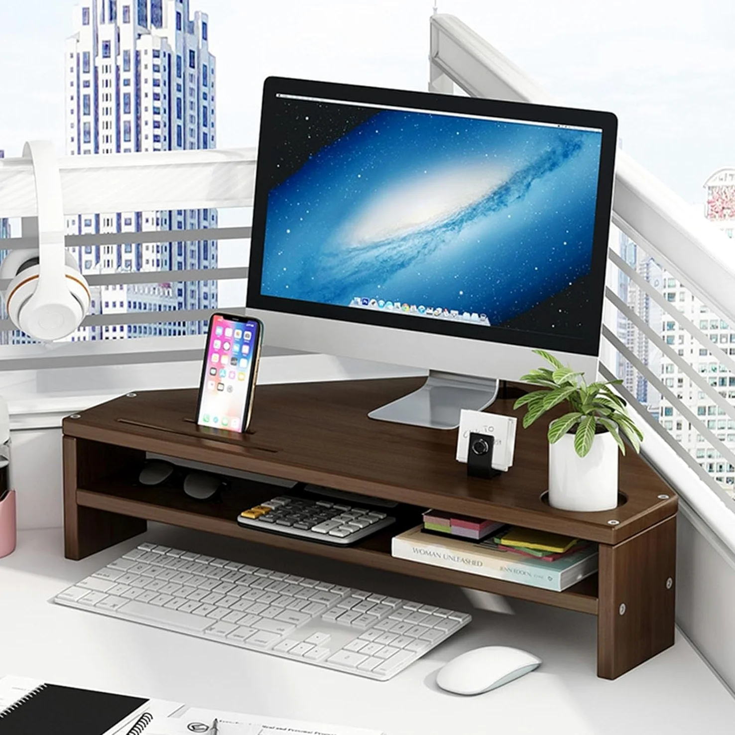 Supporto per Monitor Angolare in bambù, Alzata Ergonomica per Schermo Triangolare da Scrivania con 2 Livelli di Archiviazione, Ripiano Organizer da Tavolo Ad Alta capacità di Cari, Walnut