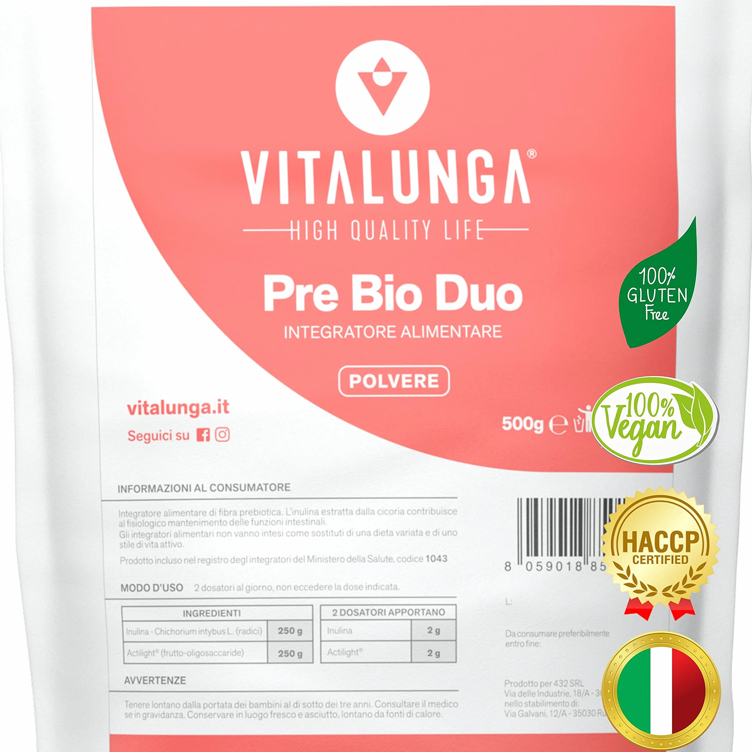 Inulina in Polvere 500g Fibra Prebiotica di Cicoria Vegan Senza Glutine