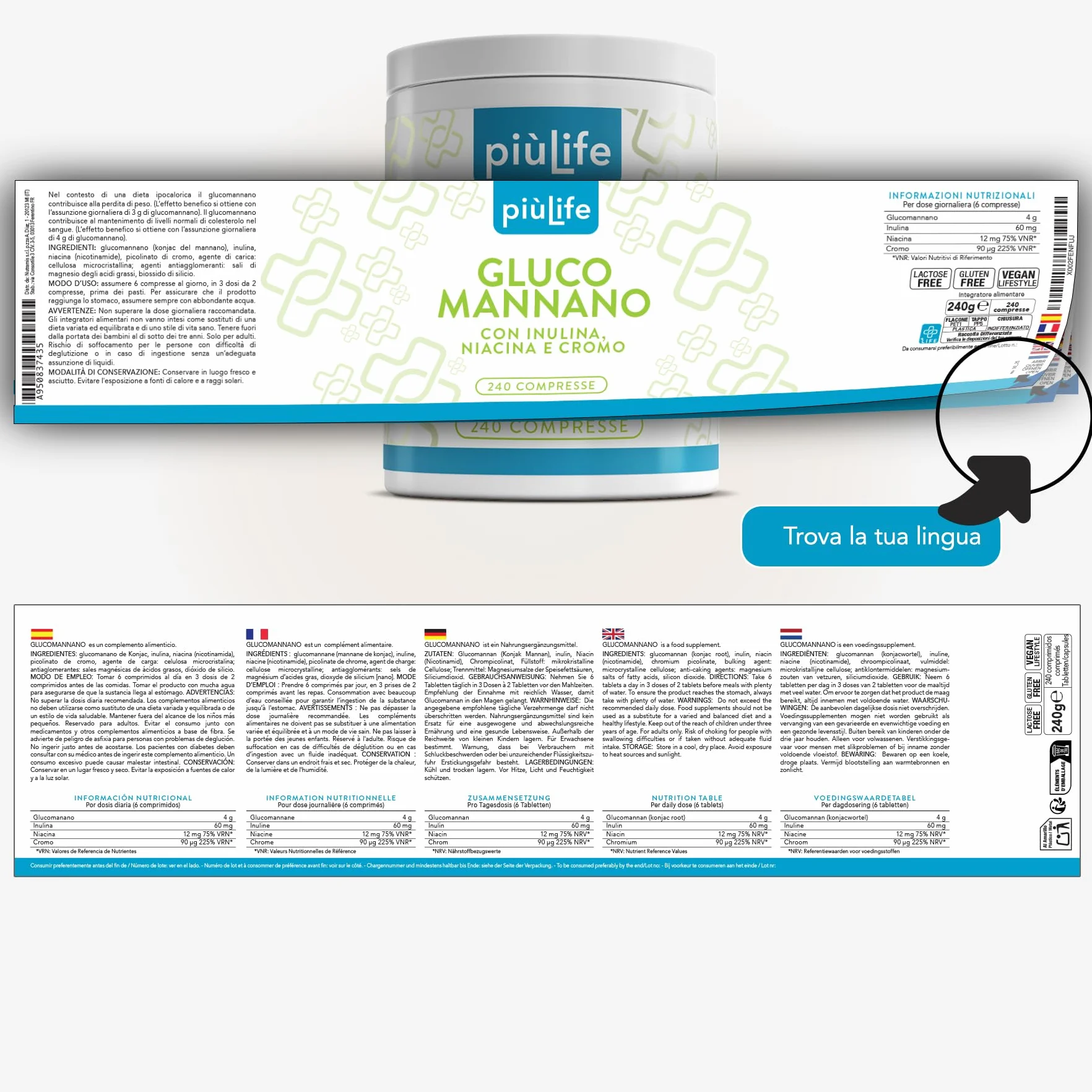 PiùLife Glucomannano Forte 240 Compresse 4000 mg 95% Tit. Con Inulina Niacina Cromo Metabolismo Appetito