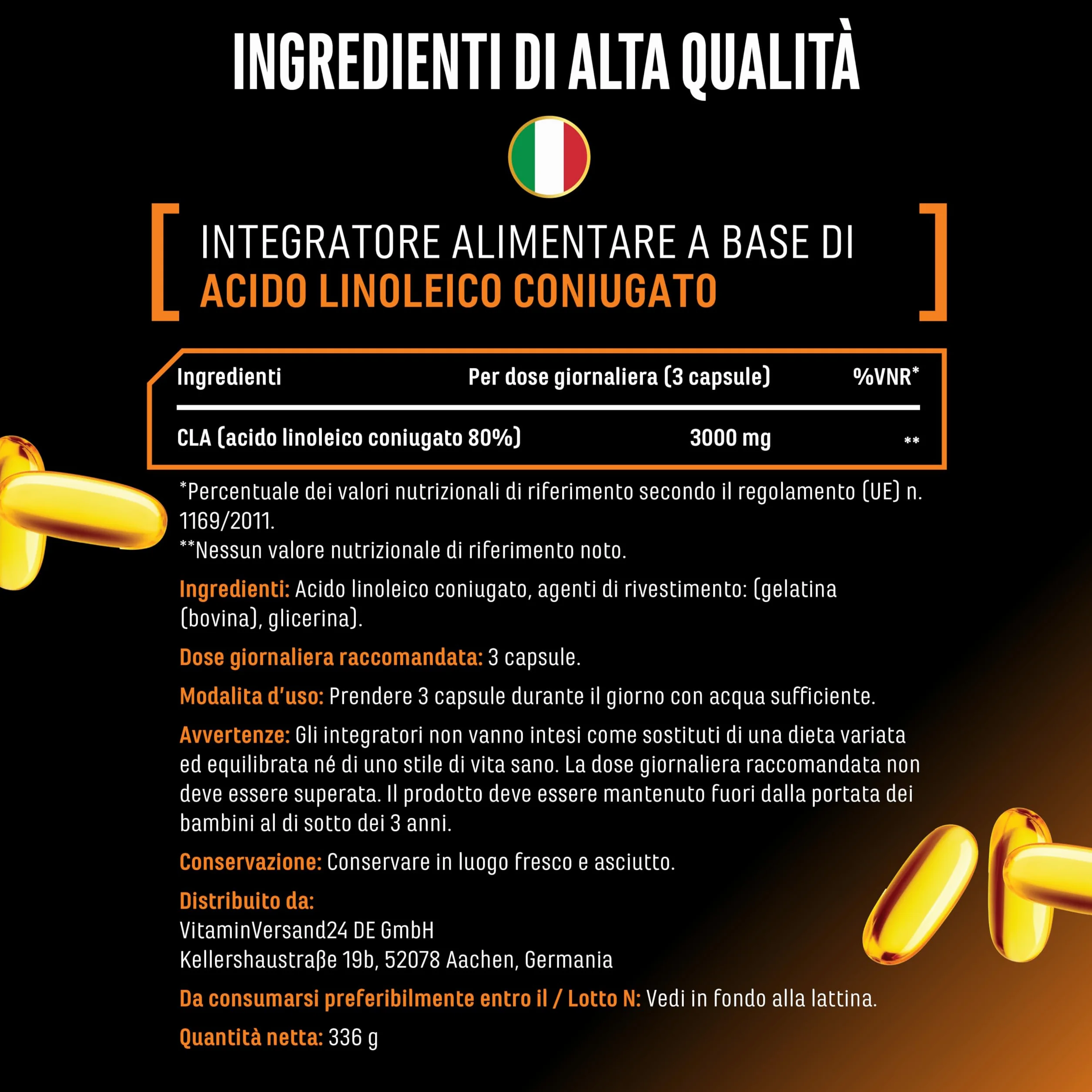 German Elite Nutrition CLA 240 capsule 1000 mg Acido linoleico coniugato puro Alto dosaggio 3000 mg