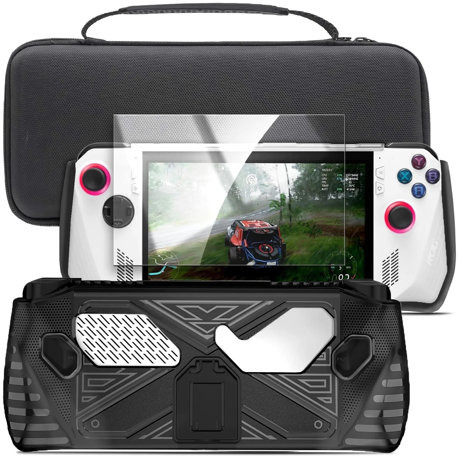 ENCASED Set di Accessori per Asus ROG Ally – Cover Portatile con Cavalletto, Custodia Rigida per il Trasporto e Pellicola Vetro Temperato Protettiva (Nero)
