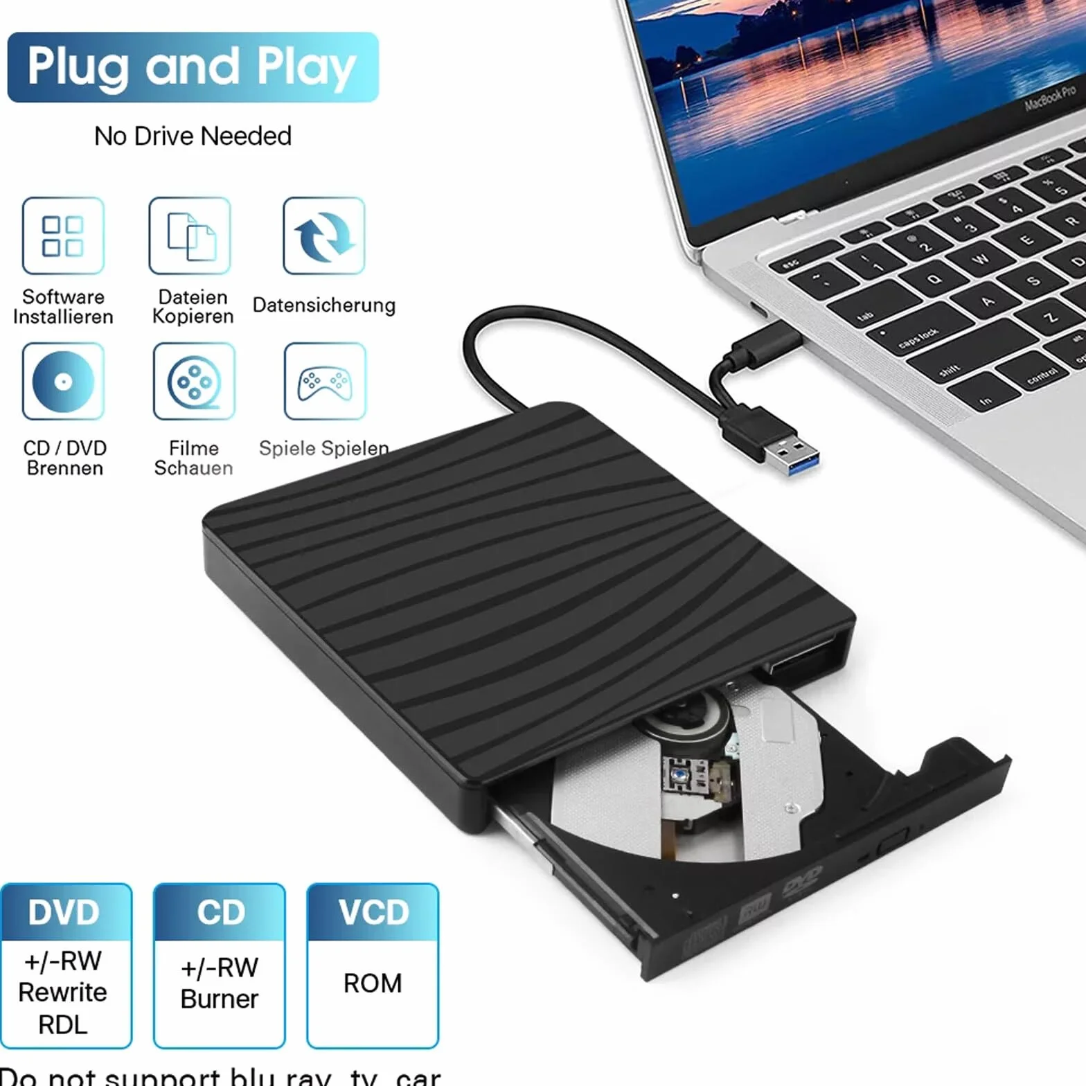 Unità DVD esterna USB 3.0 e Type-C portatile CD DVD +/-RW ROM drive per computer portatile PC desktop, CD DVD Burner Reader compatibile con sistemi operativi Windows XP / 2003 / Vista /7 /8/10/11