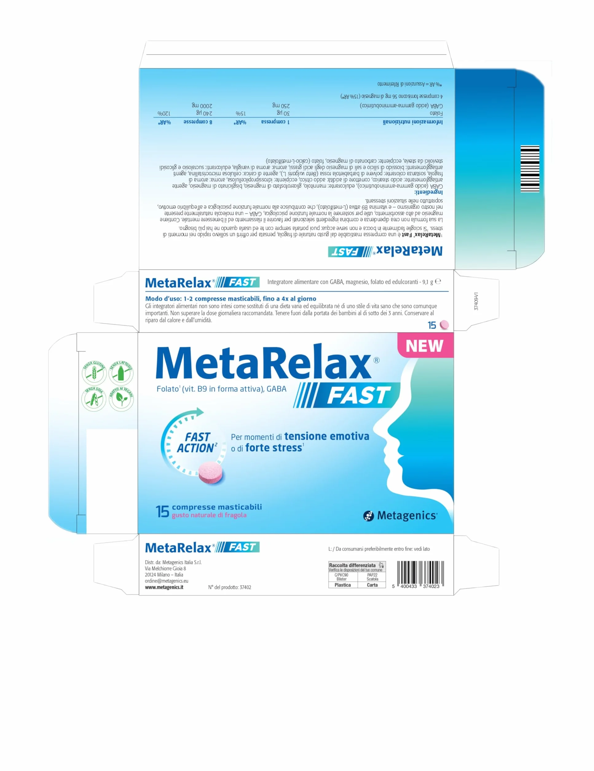 Metagenics MetaRelax Fast 15 compresse masticabili con GABA, folato attivo (MTHF) e magnesio