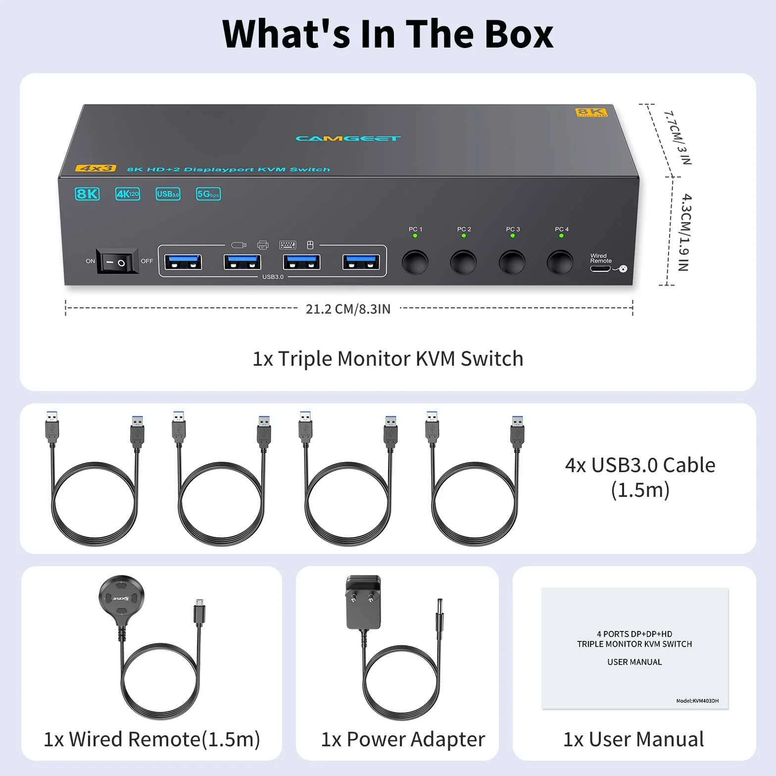 8K KVM Switch 4 PC 3 Monitor 4K @144Hz 8K@60Hz, HDMI 2.1+ 2 DisplayPort 1.4 KVM Switch 4 porte per 4 computer condividono 3 monitor e 4 dispositivi USB, doppio monitor kvm con Wired Remote e 4 cavi