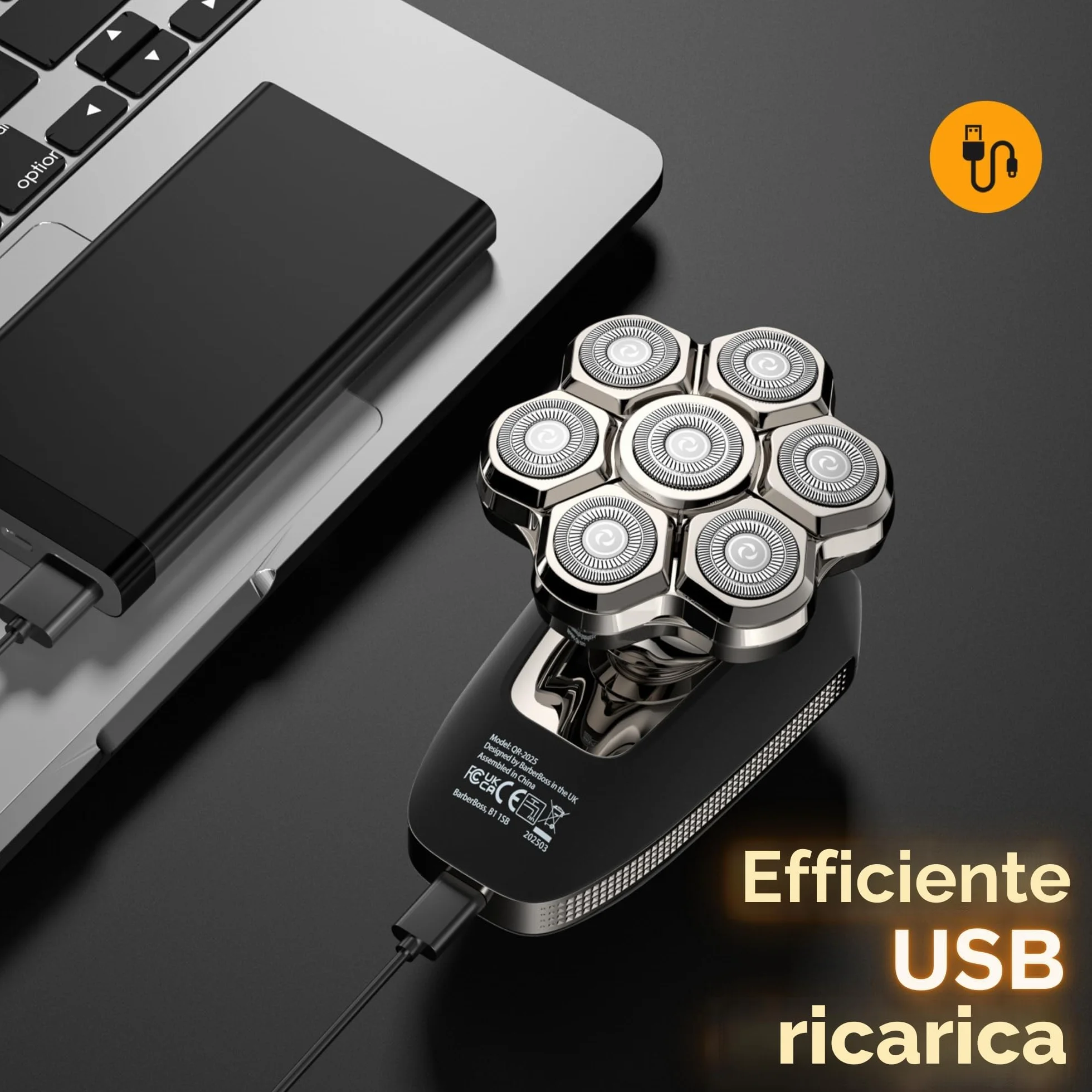 BarberBoss Rasoio testa calva 7D uomo, rasoio rotante magnetico 5 in 1 con display LED, ricarica USB-C