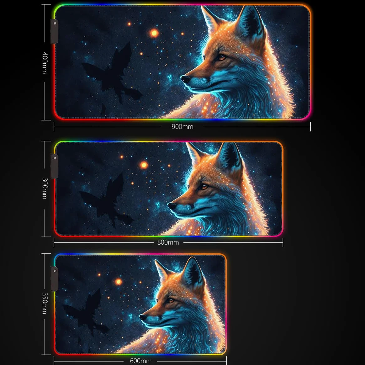 Tappetino per mouse RGB, luce LED, tappetino per mouse con base in gomma, colorato per computer, tappetino da scrivania per PC e laptop, volpe neon, 40 x 90 cm