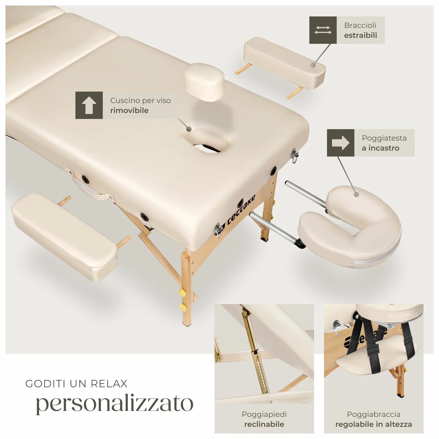 tectake Lettino da Massaggio Somwang Pieghevole Altezza Regolabile 250 kg Beige