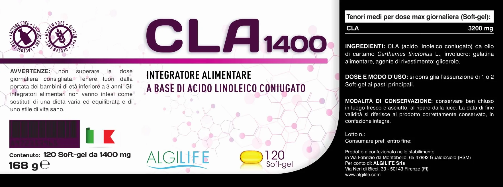 CLA Acido Linoleico Coniugato Olio di Cartamo 3200mg 120 soft-gel Alto Dosaggio