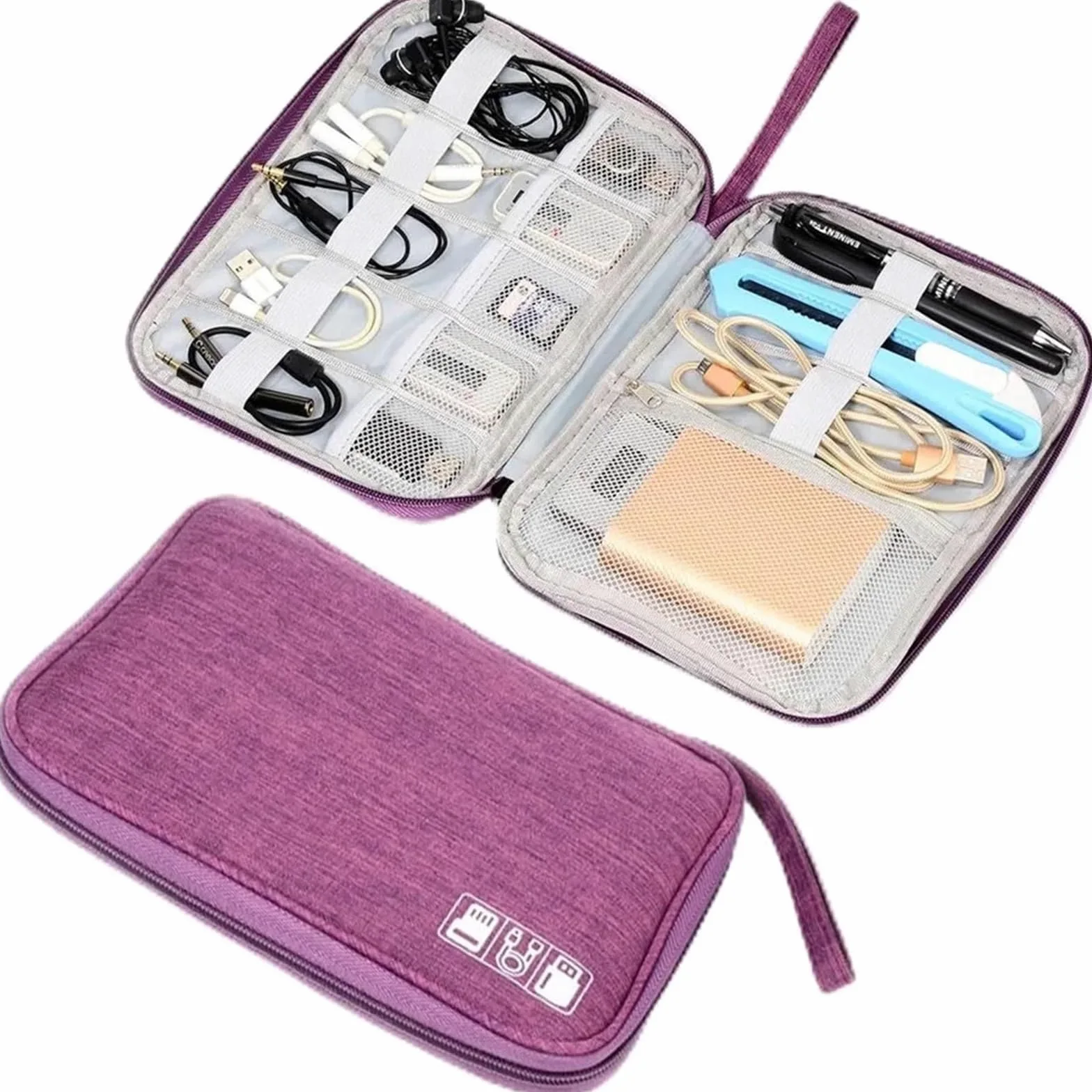 Borsa for organizer for elettronica da viaggio da 2 pezzi Custodia for cavi portatile for accessori elettronici Borsa for trucco da viaggio for organizzazione di range Per Cavi, Caricabatterie(Purple)