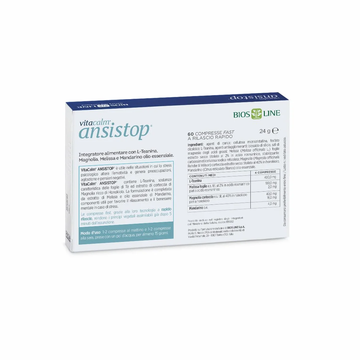 Bios Line Vitacalm Ansistop Fast A Integratore Alimentare 60 Compresse