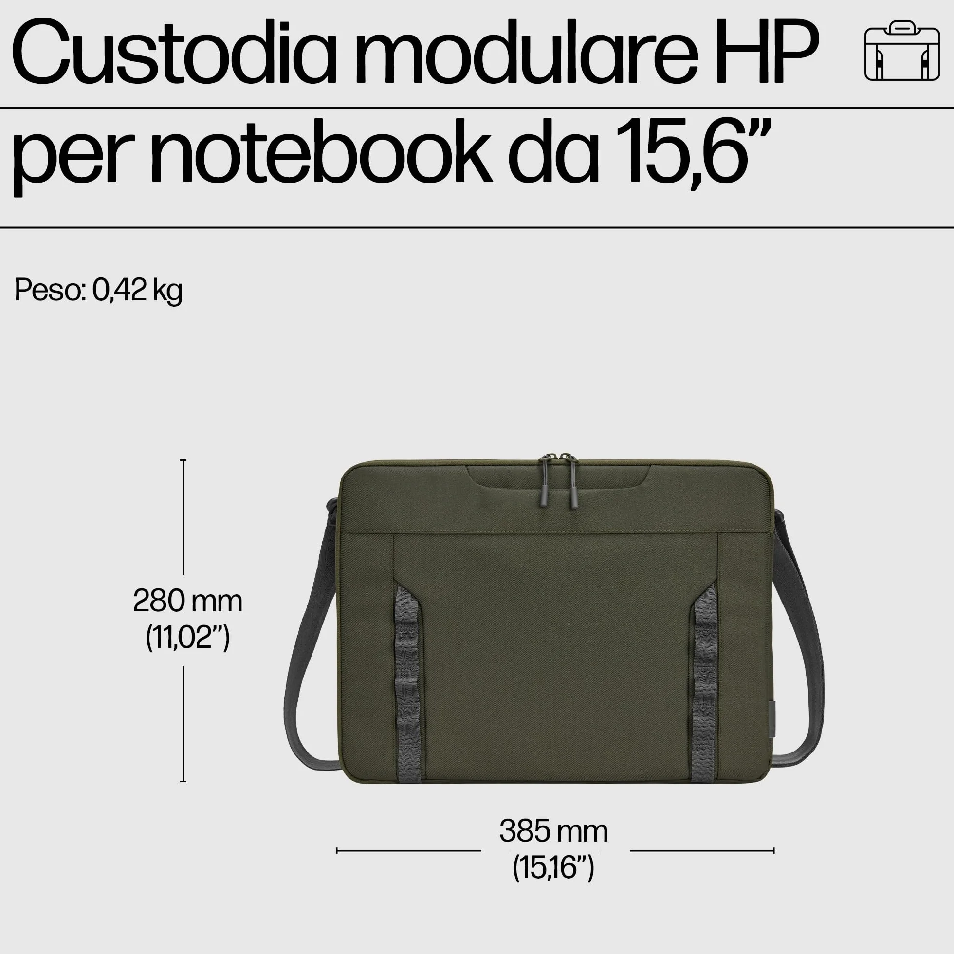 HP Custodia Modulare per Notebook fino a 15.6", 3 Modalità d'Uso, Tasche Interne e Esterne, Resistente all'Acqua, Tracolla Removibile, Design Sottile, Creata con Materiale Riciclato,Grigia/Verde
