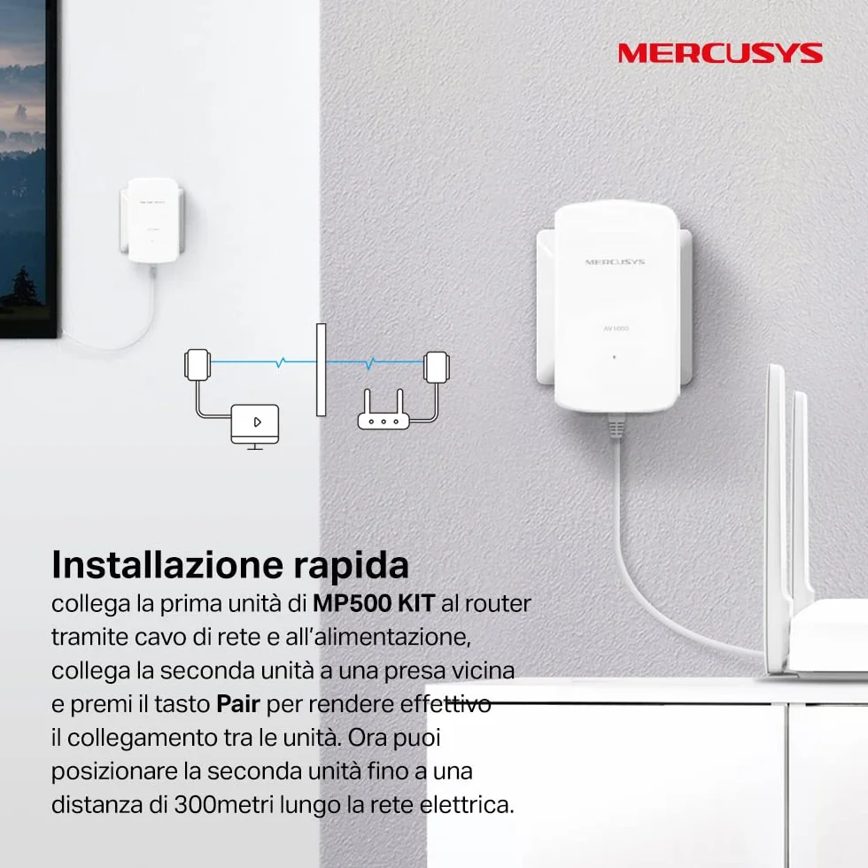 Mercusys TP-Link MP500 KIT Powerline Kit Homeplug AV2 Fino a 1000Mbps, 1 Porta Gigabit, Plug & Play, Compatibile con Tutti i Router, Tecnologia Powerline