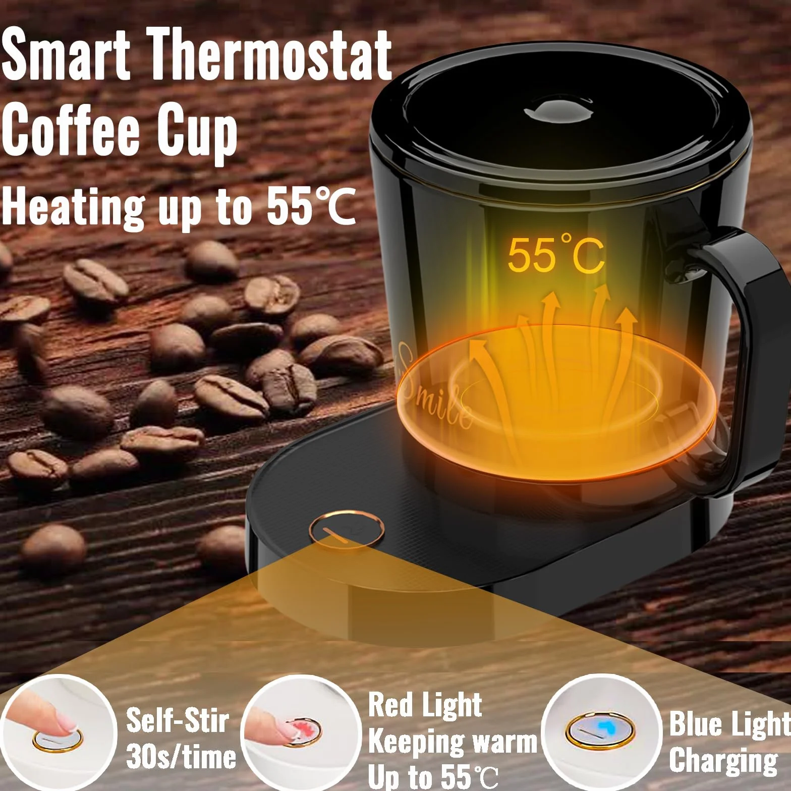 ZONSUSE Tazza Intelligente,Tazze Automescolante con Scaldatazza,Qi Caricatore Wireless,Tazza Riscaldante Temperatura fino a 55°C/131°F,per Casa,Scrivania,Ufficio, Ricarica Wireless 300ml (Nero)