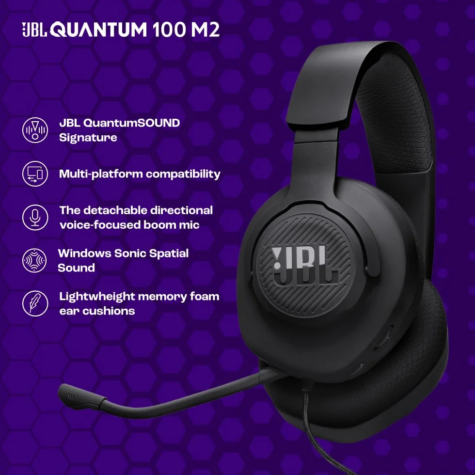 JBL Quantum 100M2 Cuffie Gaming Over Ear con Filo, JBL QuantumSOUND Signature, Jack 3,5 mm, Microfono Rimovibile, Nero