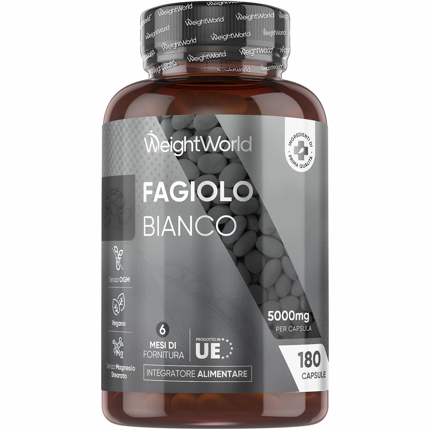 Estratto Fagiolo Bianco Vegano 5000mg 180 Capsule (6 Mesi) Zinco Cromo Senza Magnesio Stearato