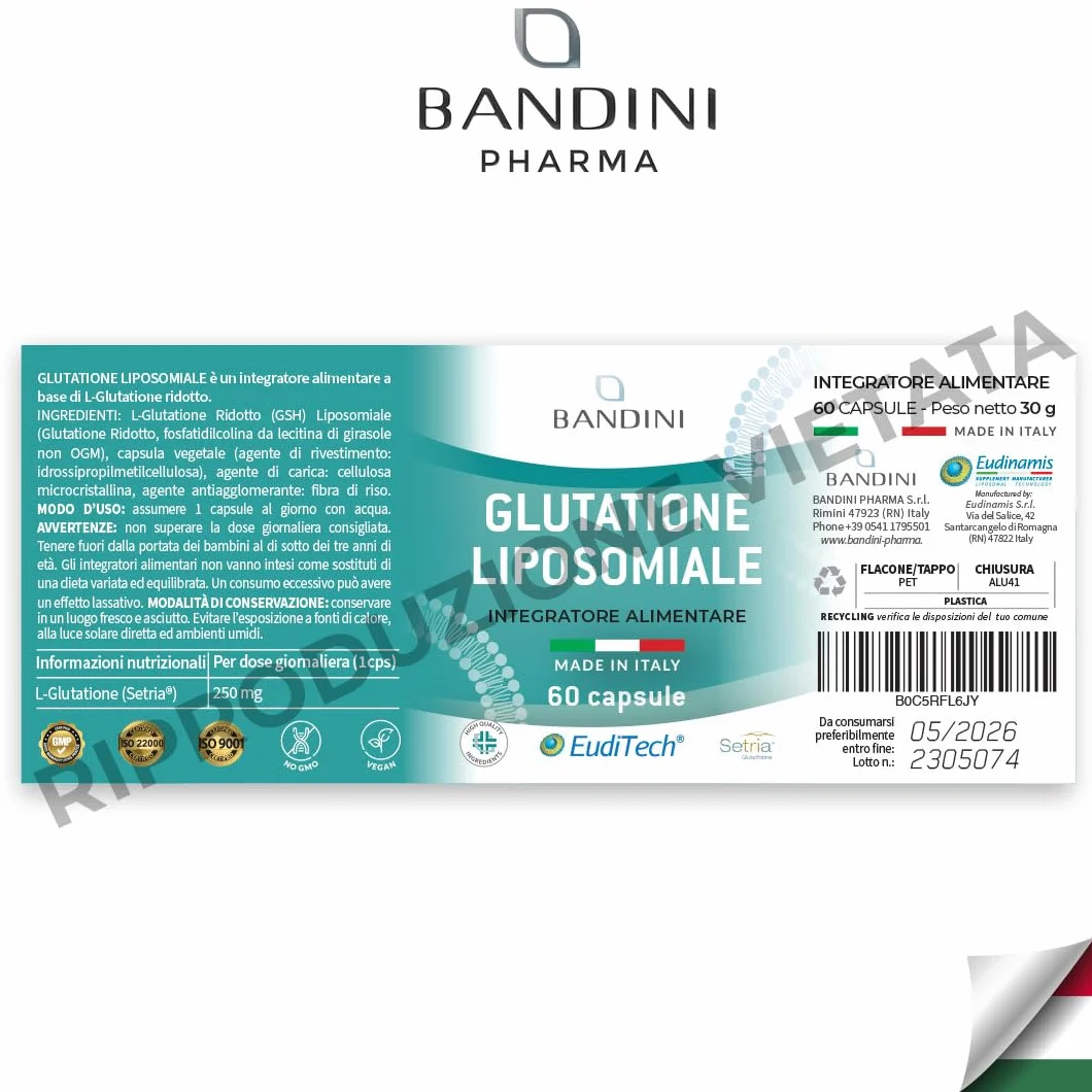Bandini Glutatione Liposomiale 60 Capsule 250mg L-Glutatione Setria Ridotto Antiossidante Anti Invecchiamento