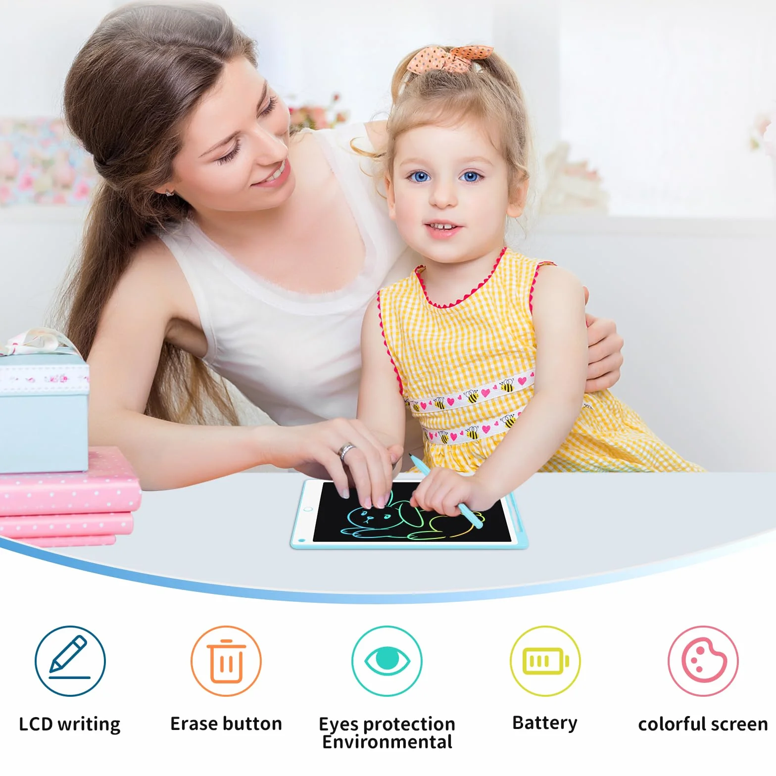 Tavoletta Grafica LCD 8.5 Pollici per Bambini con Pulsante Elimina e Blocco, Blu