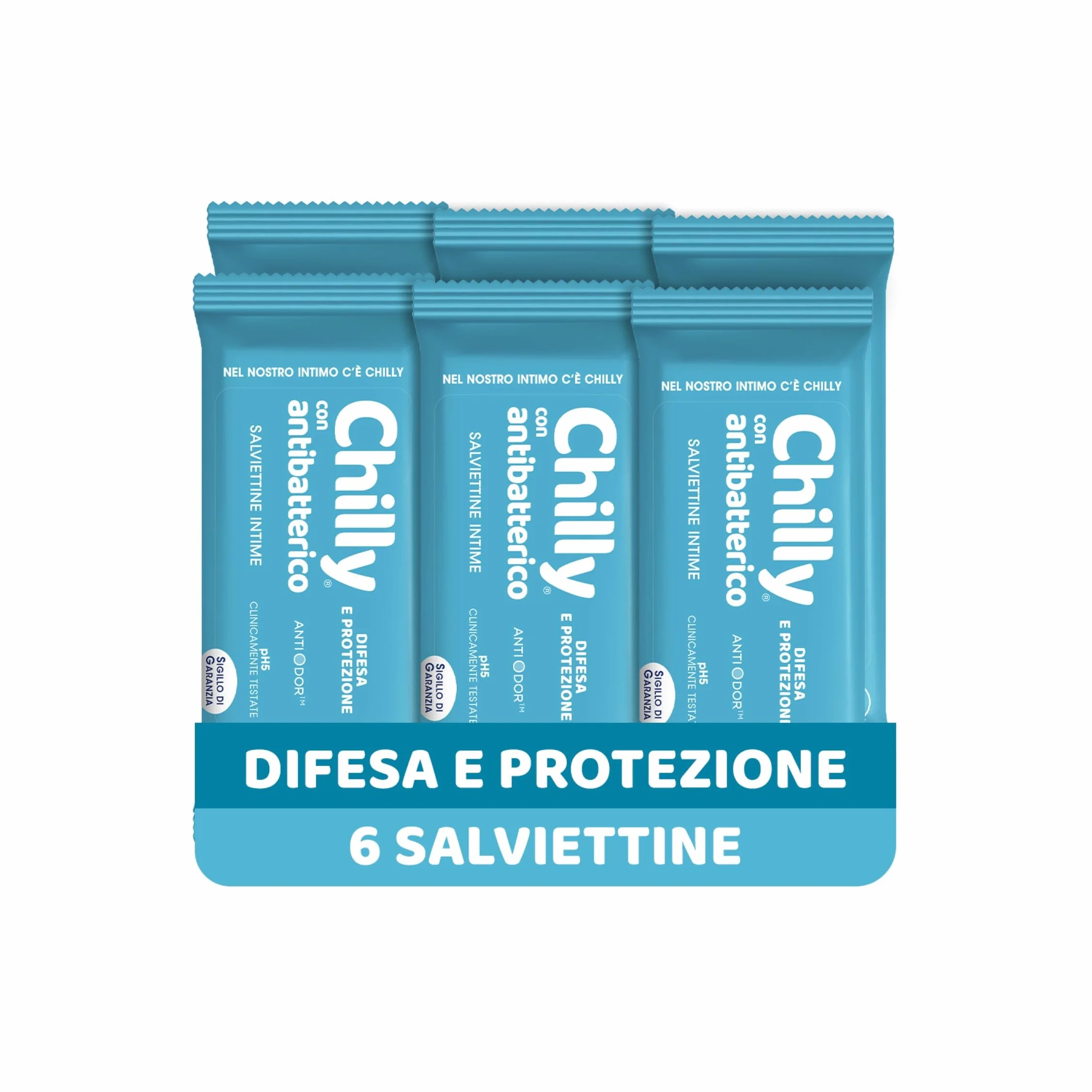 Chilly Salviettine Antibatterico Igiene Intima PH 5 Tessuto 100% Biodegradabile Confezione da 6 Pezzi