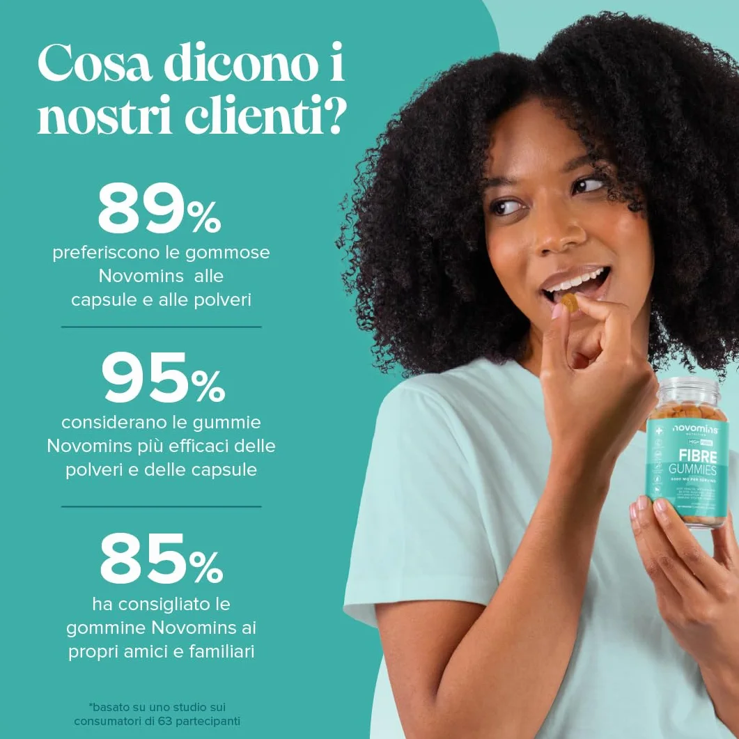 Novomins Fibre Gommose 4000 mg Inulina con Calcio, Cromo, Vitamina D e B12 - 60 Gommose Gusto Arancia