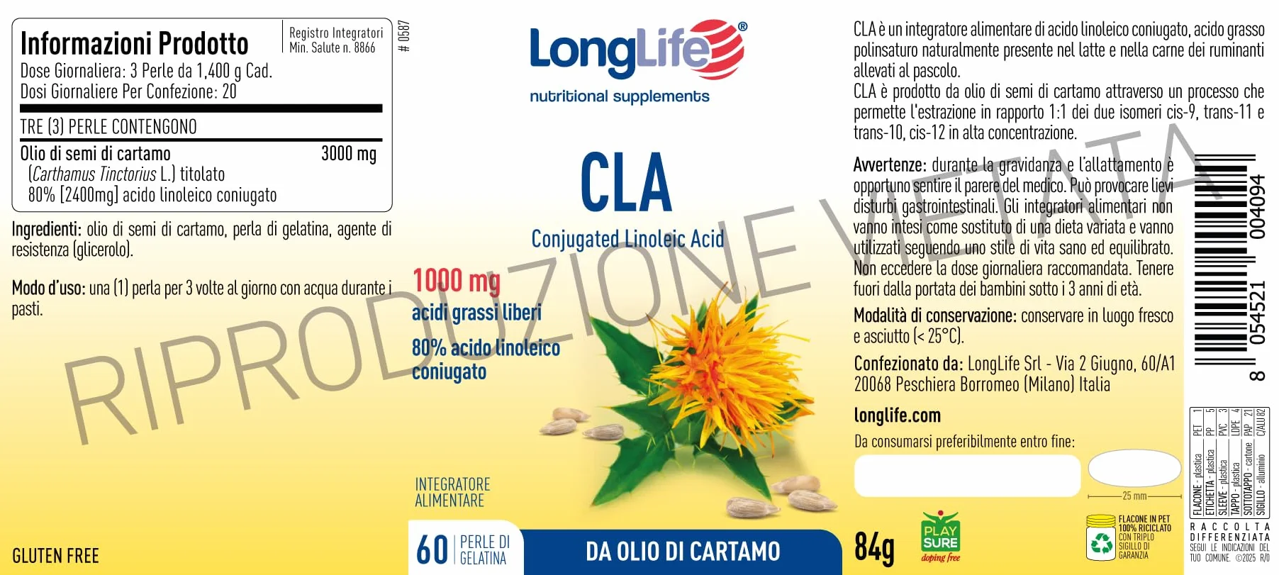 LongLife CLA 80% acido linoleico coniugato 60 perle integratore sport