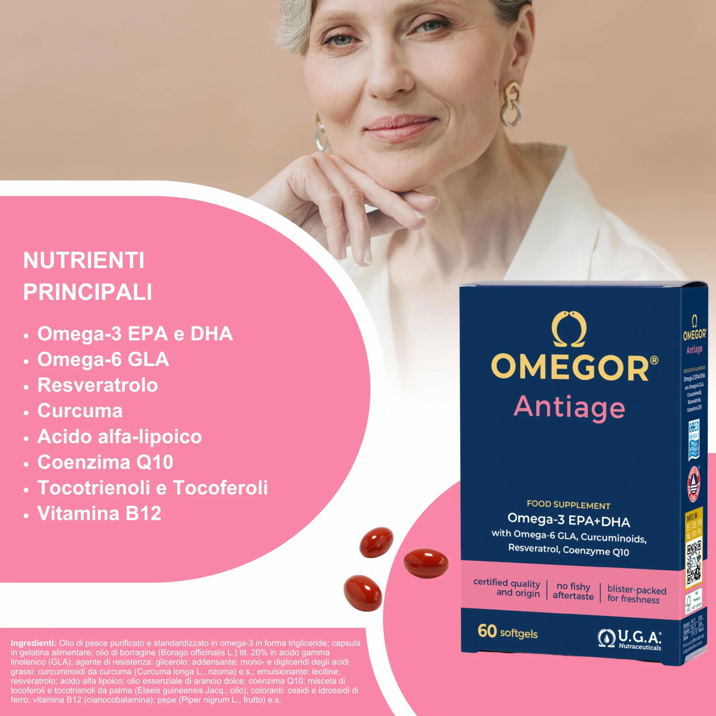 OMEGOR Antiage Integratore Pelle Antiossidante con Omega 3 e 6, Coenzima Q10, Resveratrolo, Alfa Lipoico e Curcuma (60 Capsule)