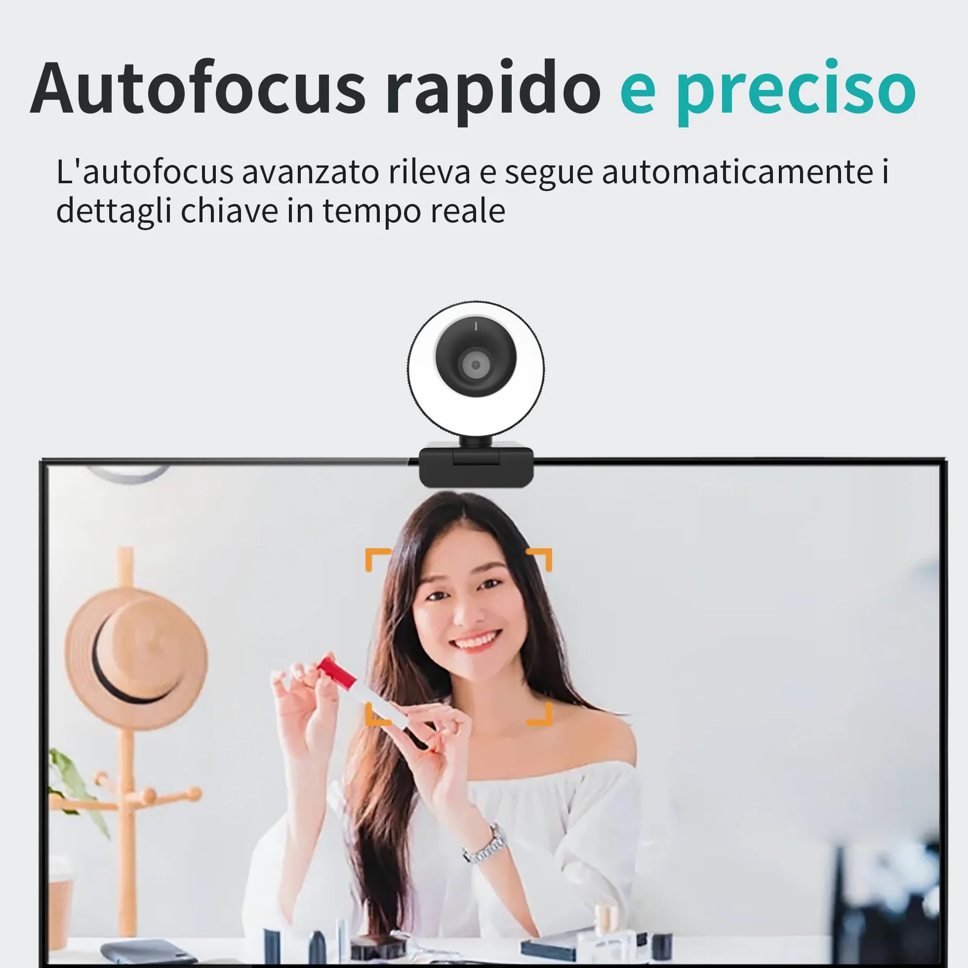 Webcam 1080P 60FPS con Microfono, Ring Light, Autofocus, 3 Modalità di illuminazione con Dimmerazione Continua per Videoconferenze su PC, Mac, Laptop e Tablet