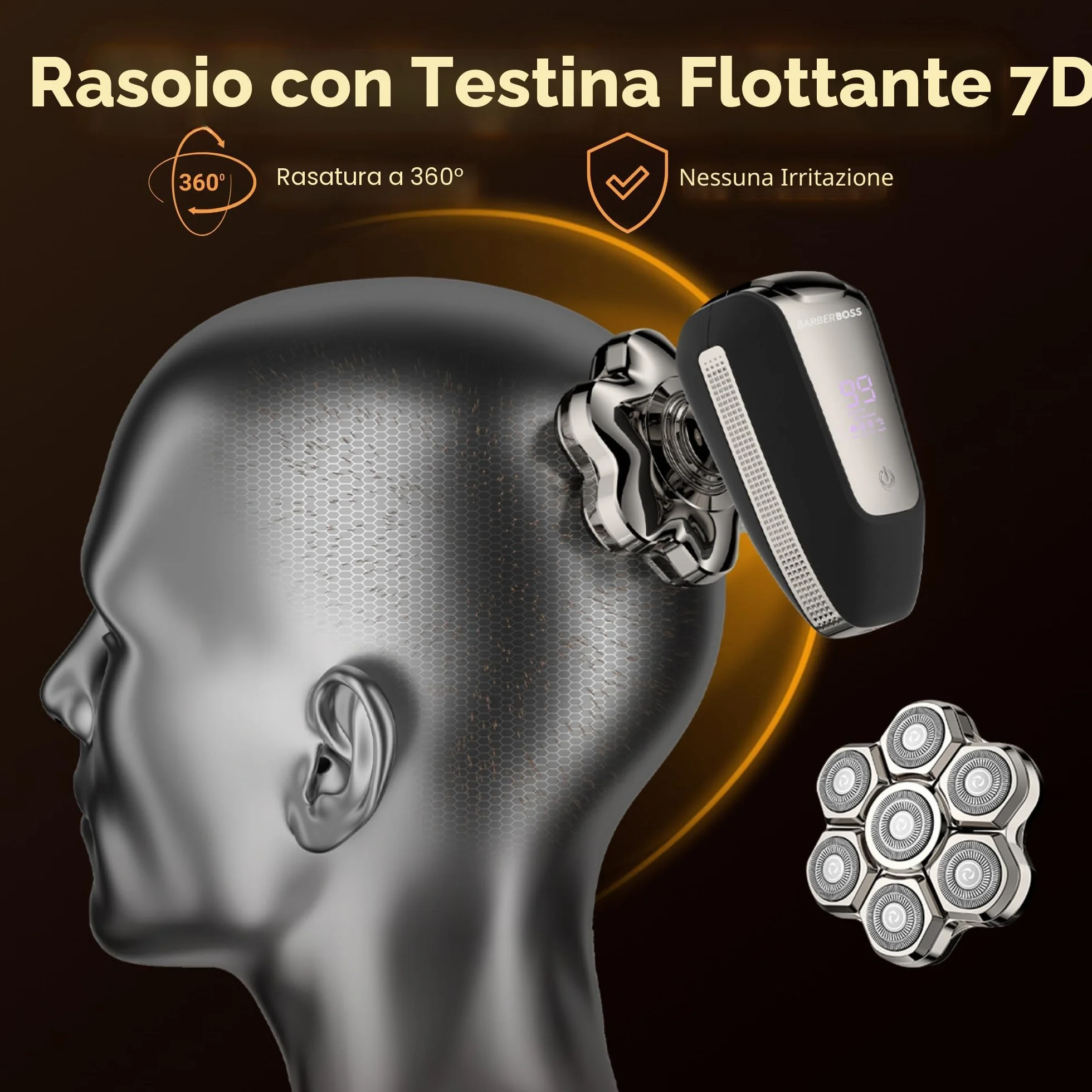 BarberBoss Rasoio testa calva 7D uomo, rasoio rotante magnetico 5 in 1 con display LED, ricarica USB-C
