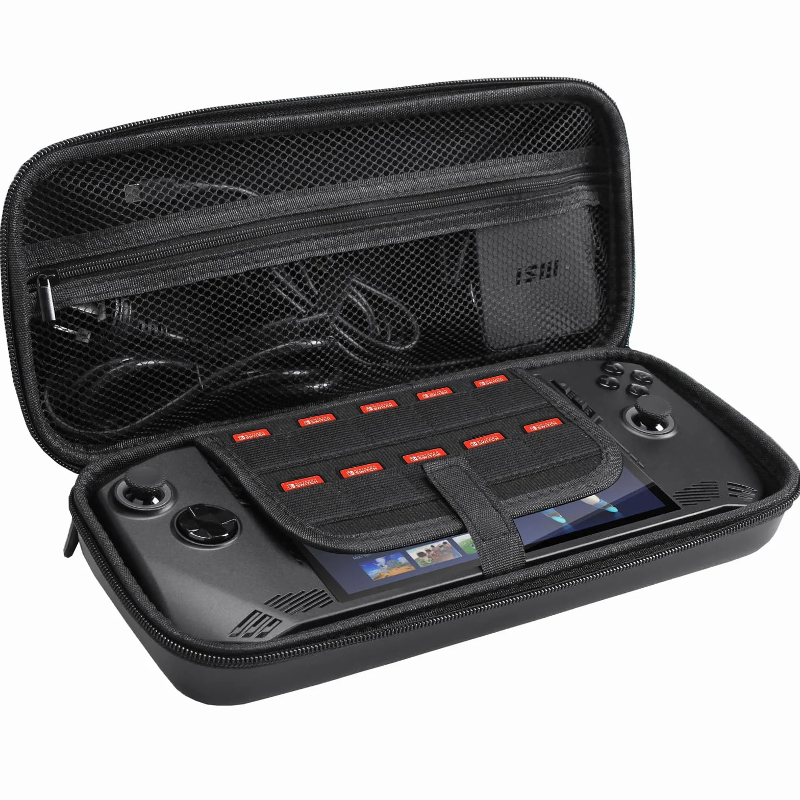 Borsa Viaggio per MSI Claw A1M Console Gaming Handheld 7" 2024,Custodia Trasporto Copertura Rigida EVA con Schede Slot Tasca Rete per MSI Claw A1M Console Portatile,Cavo,Accessori,Nero