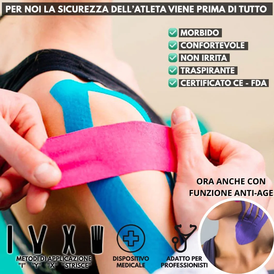 Kinesio Tape Nastro Kinesiologico 6 rotoli 5m 95% Cotone 5% Spandex Elastico