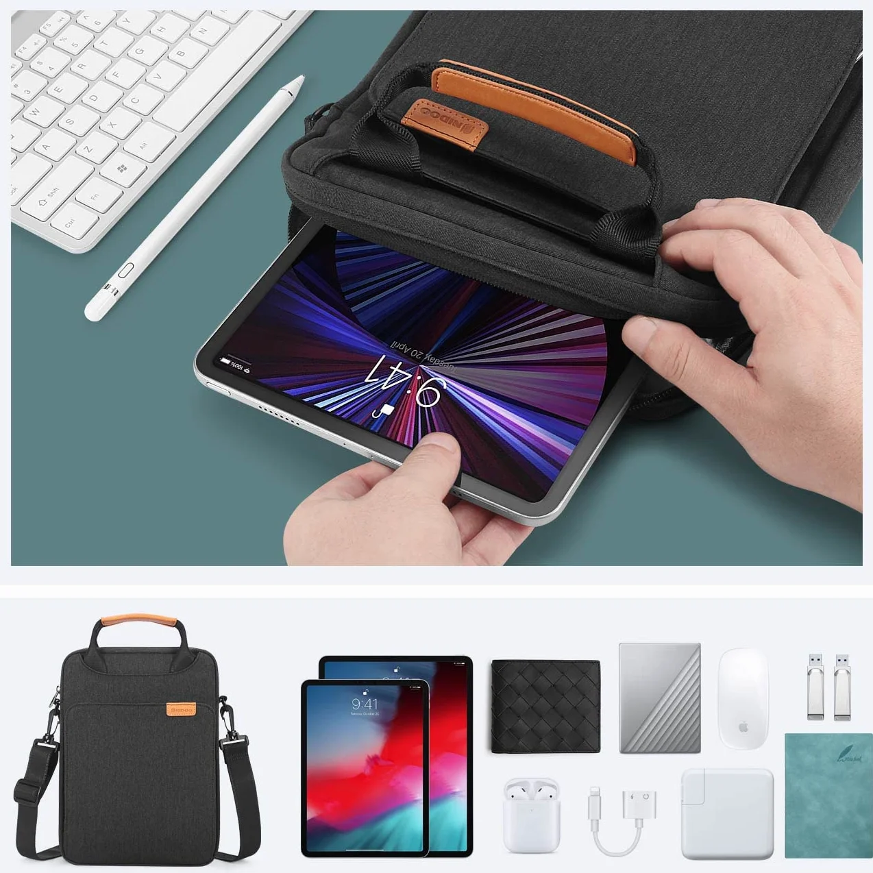 NIDOO 10-11 Pollici Tablet Custodia Protettiva Borsa a Tracolla PC Portatile con Manico per 10" iPad/10.5" 11" iPad Pro M1/10.5" 10.9" iPad Air/10.5" Surface Go 2 3/10.8" Surface 3, Grigio Scuro