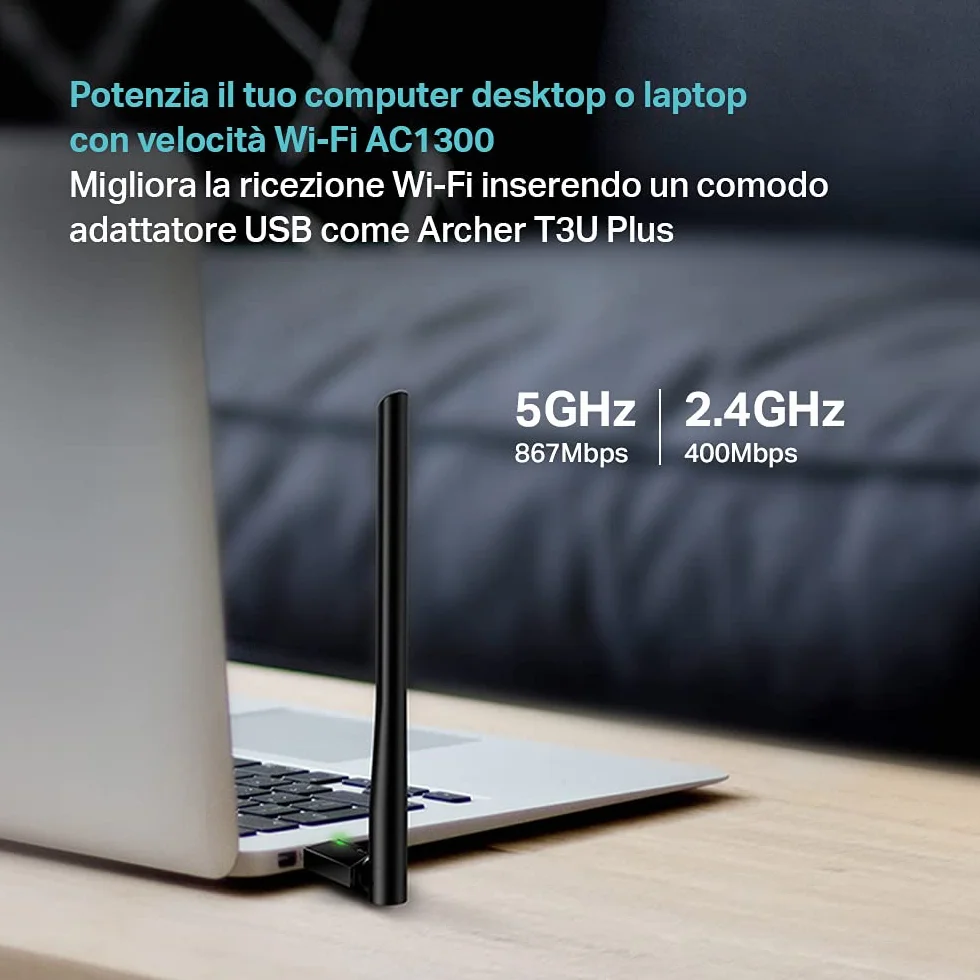 TP-Link Archer T3U Plus Chiavetta WiFi AC1300Mbps USB Adattatore Dual Band Antenna