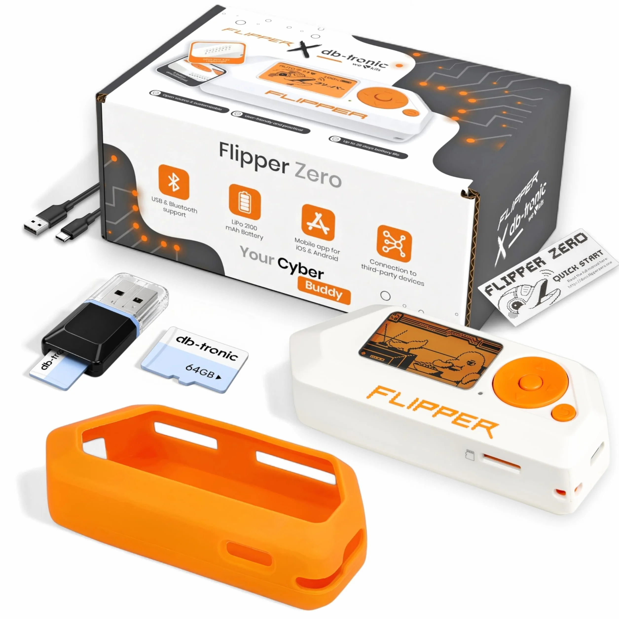 db-tronic Flipper Zero Protective Set | Flipper Zero | Custodia in Silicone | Cavo USB-C | Scheda di Memoria 64GB - Sub-GHz, RFID, NFC, Telecomando Radio, infrarossi, Open-Source e Personalizzabile