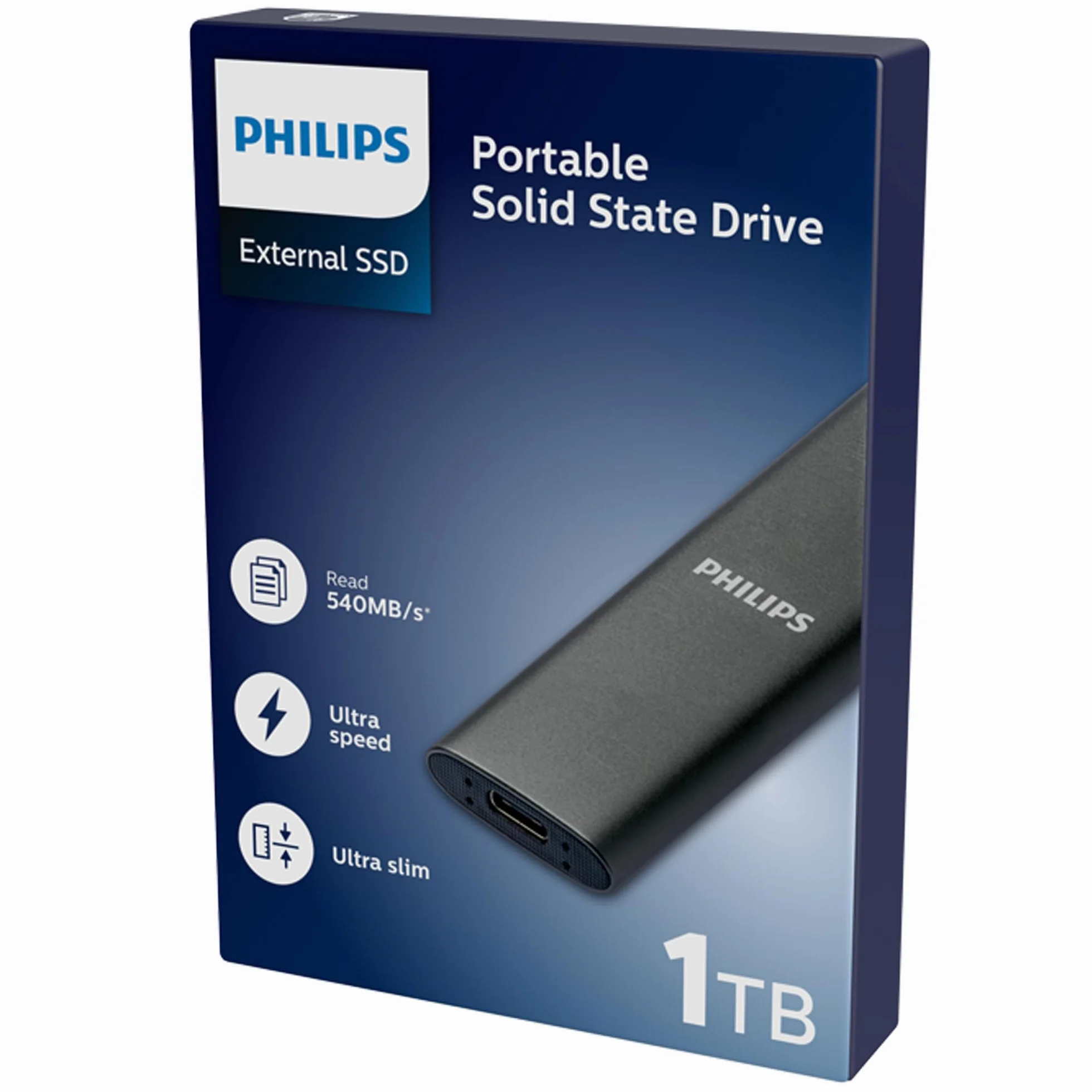 Philips SSD Portatile Esterno 1 TB - Ultra Slim SATA Ultra Speed USB-C, velocità di lettura fino a 540 MB/s, alluminio