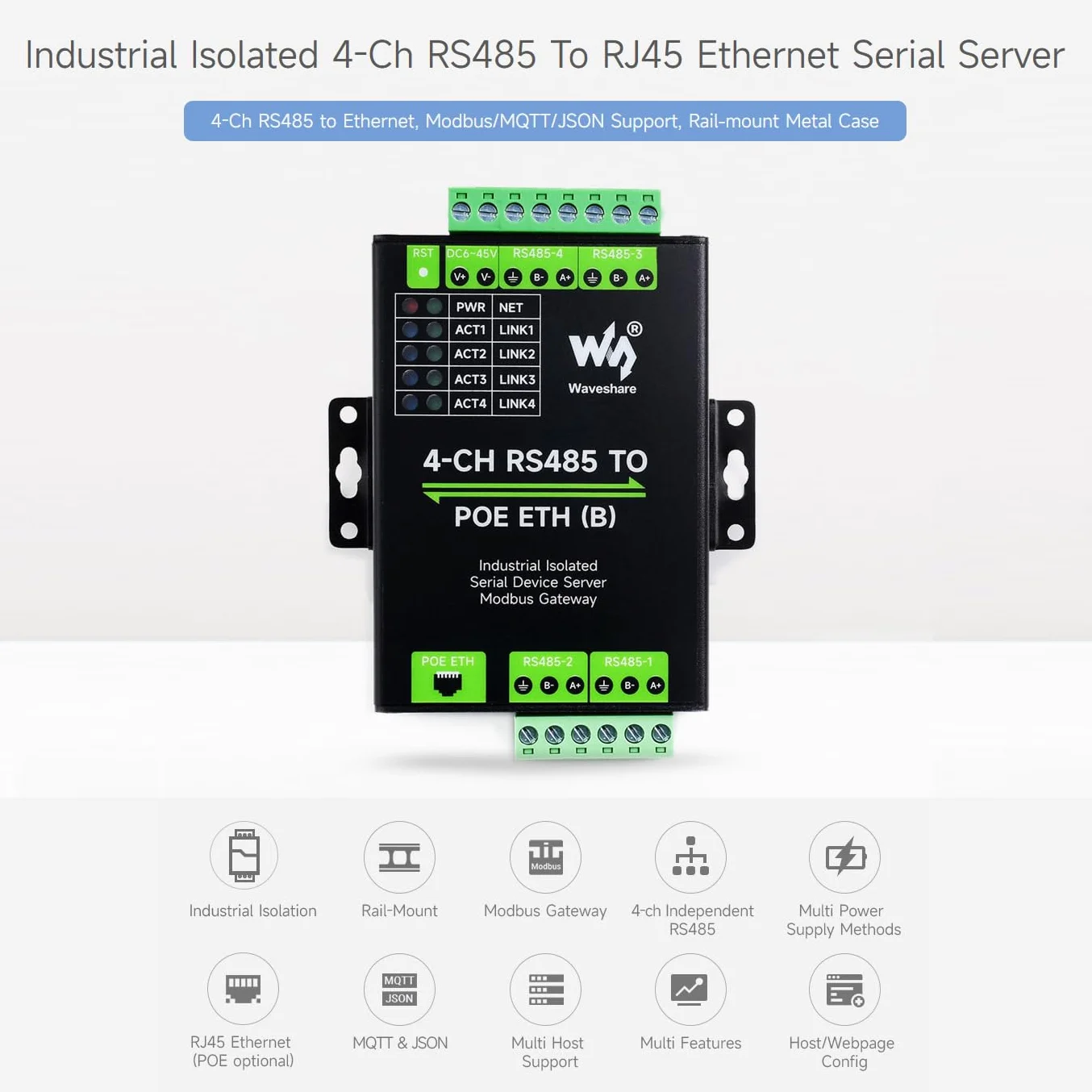 Waveshare 4-Ch RS485 to RJ45 Ethernet Serial Server Modbus Gateway