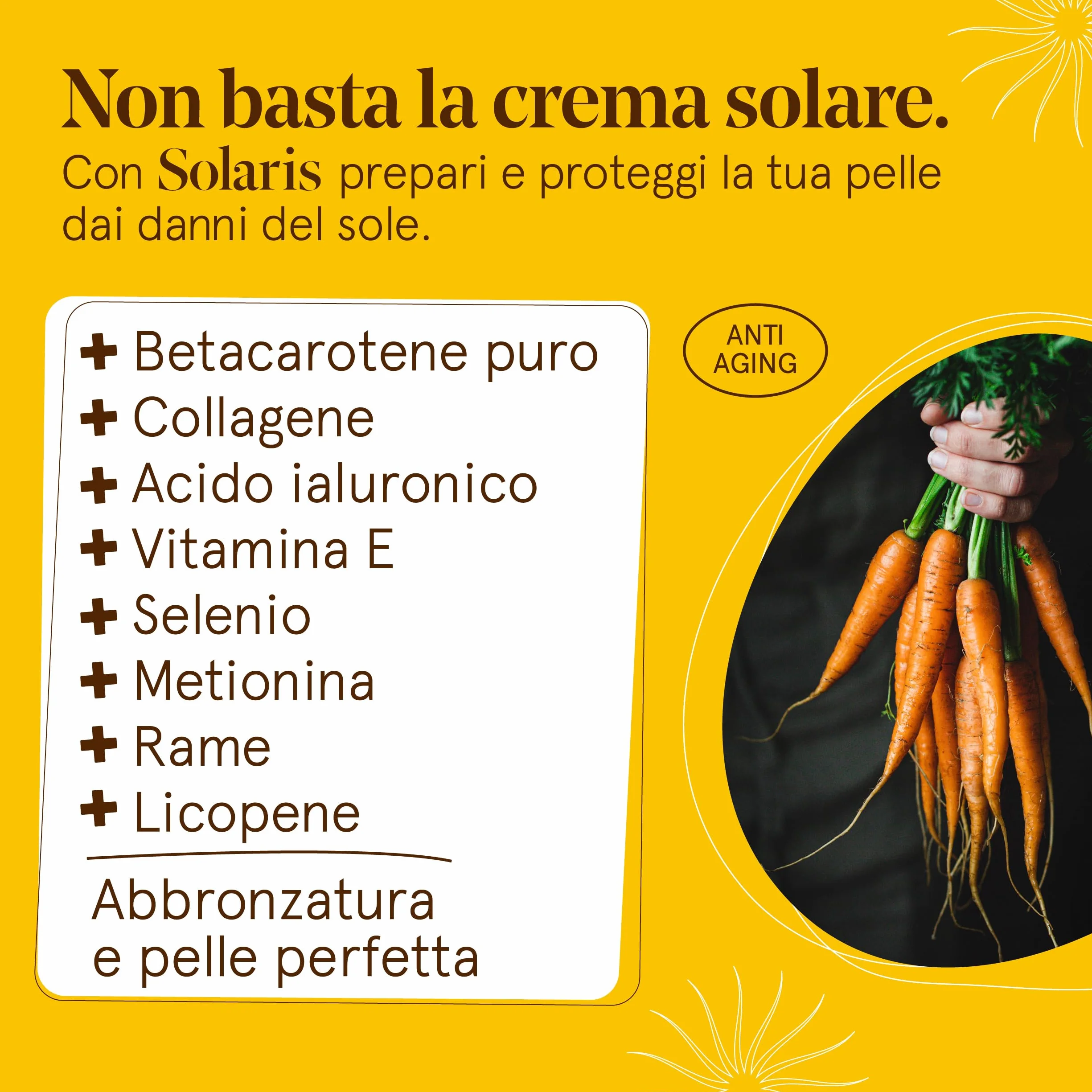 Integratore Abbronzatura SOLARIS con Collagene e Ialuronico – Betacarotene Puro – Acceleratore Abbronzatura – Attivatore Melanina – Scorta 4 mesi
