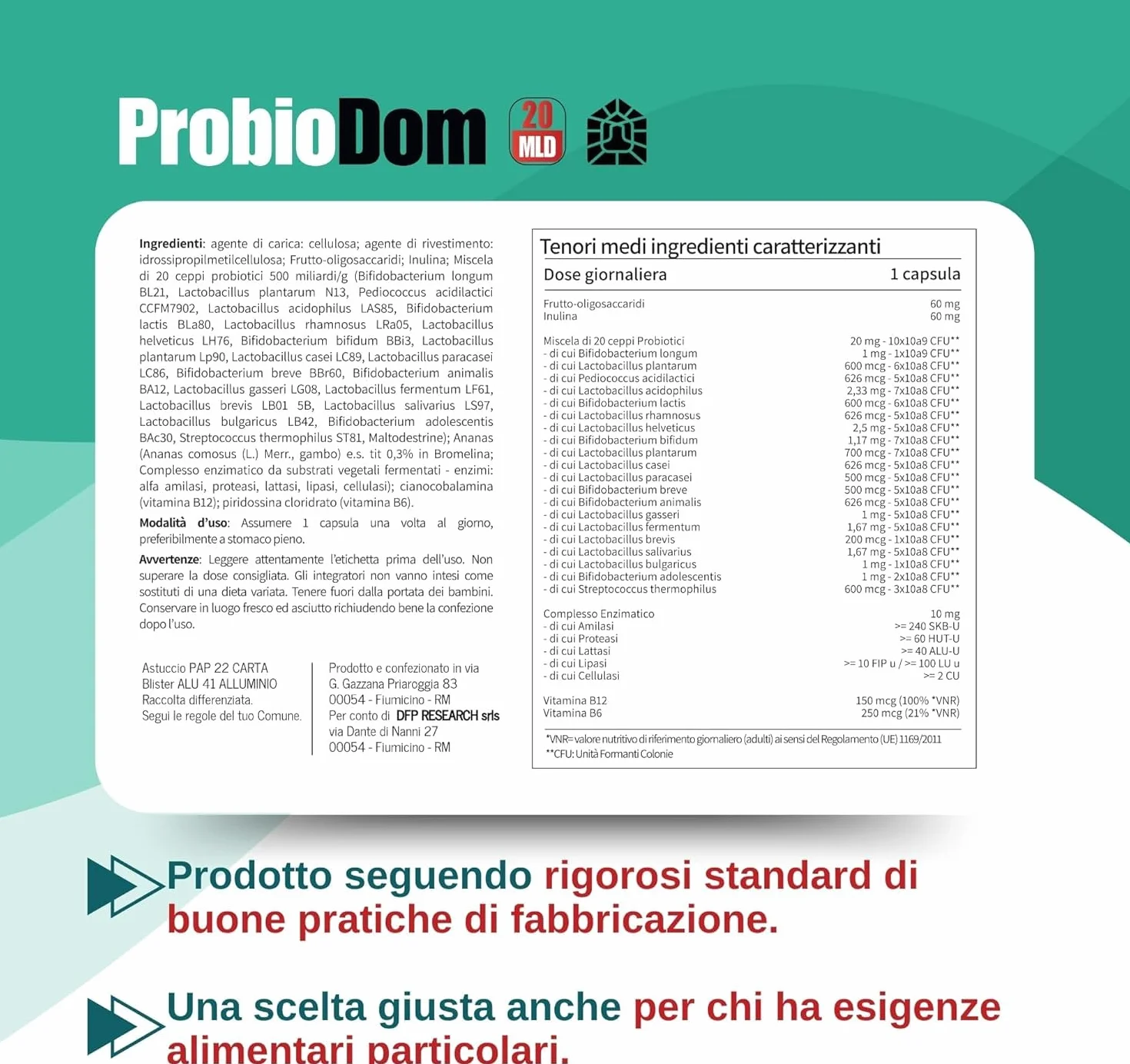 Domina Pharmaceutical Probiotici e Prebiotici 20 Ceppi Formula Completa 120 CPS Vegane Alto Dosaggio