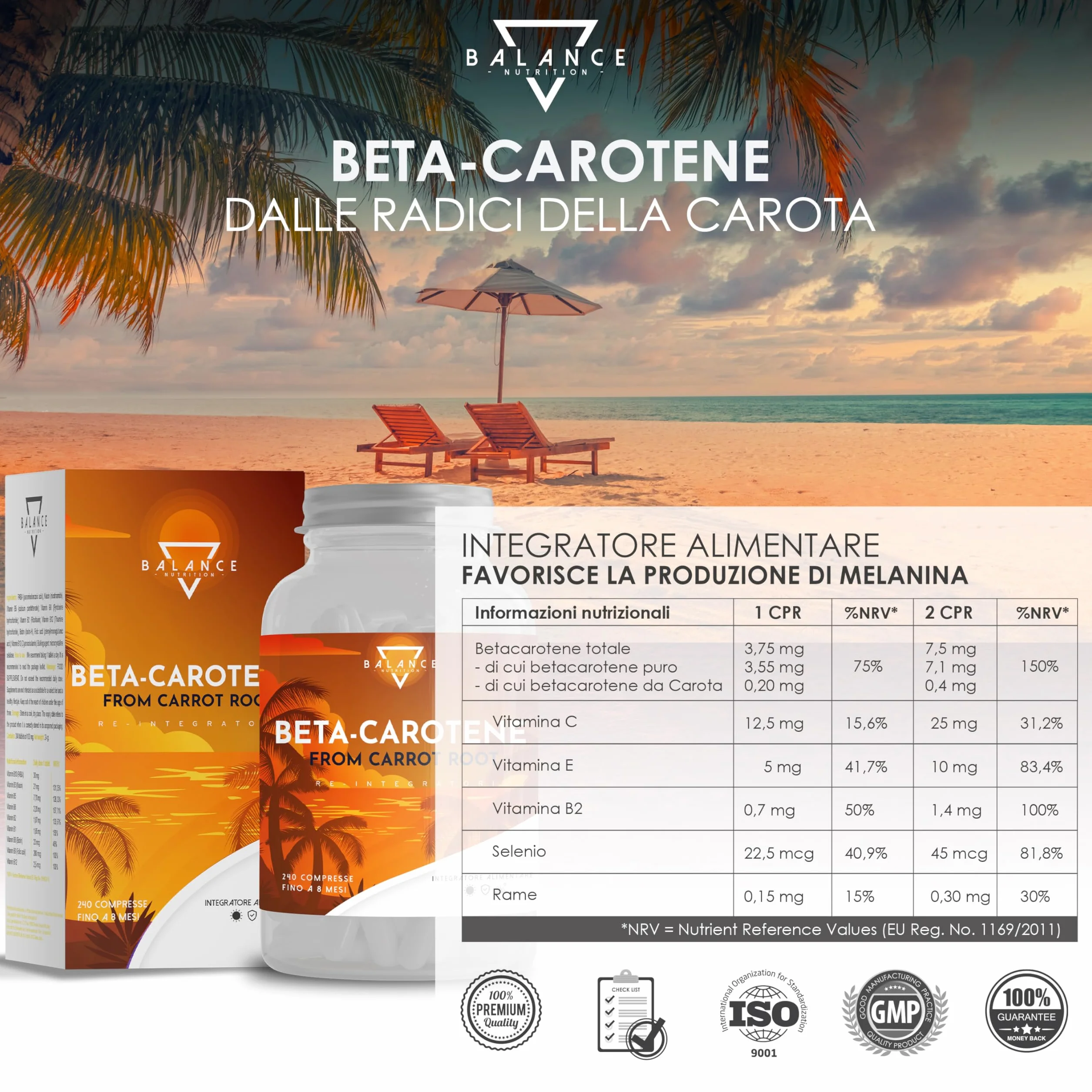 BETACAROTENE ABBRONZATURA FORTE 240 Compresse Integratore Melanina Naturale Made in Italy