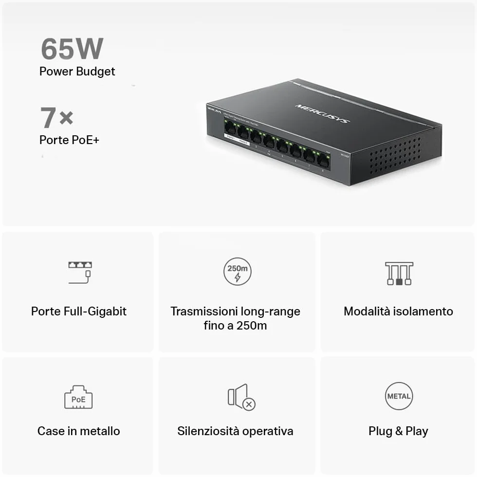 TP-Link Mercusys MS108GP PoE+ Switch 8 Porte Gigabit con 7 PoE+, 30W per Porta PoE, 65W su Tutte le Porte, 802.3af/at, Cassa in Metallo, Durevole e Silenzioso, Sdoppiatore Ethernet, Plug&Play