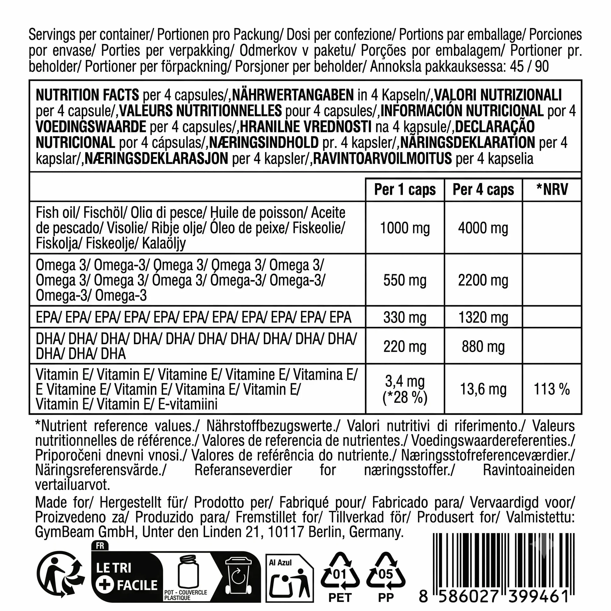 GymBeam Omega 3 Forte Capsule 1000mg Olio di Pesce EPA DHA Salute del Cuore Cervello Vista 90 cps